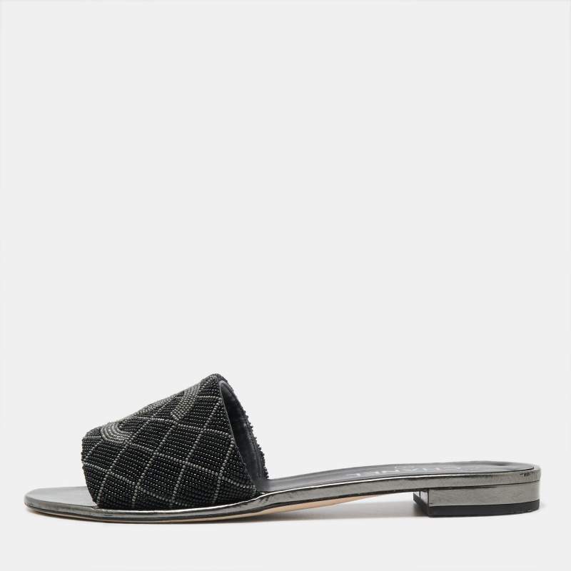 Chanel Black/Grey Pearl Beaded CC Flat Slides Size 41