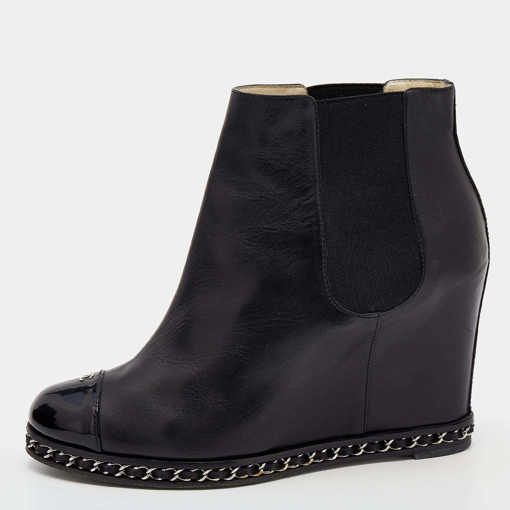 Chanel Black Leather CC Cap Toe Chain Wedge Ankle Boots Size 40.5