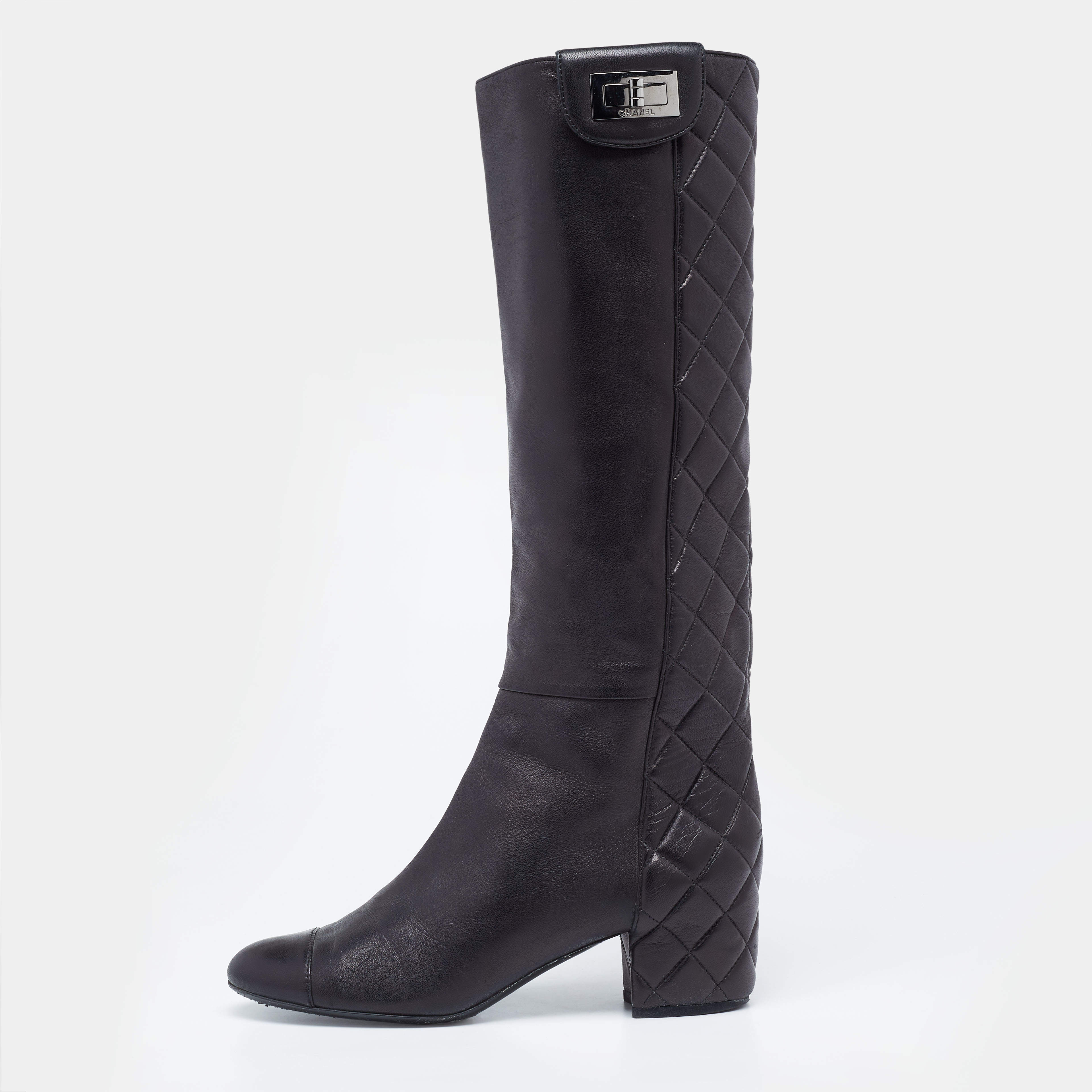Chanel Black Quilted Leather CC Cap Toe Midcalf Boots Size 37.5