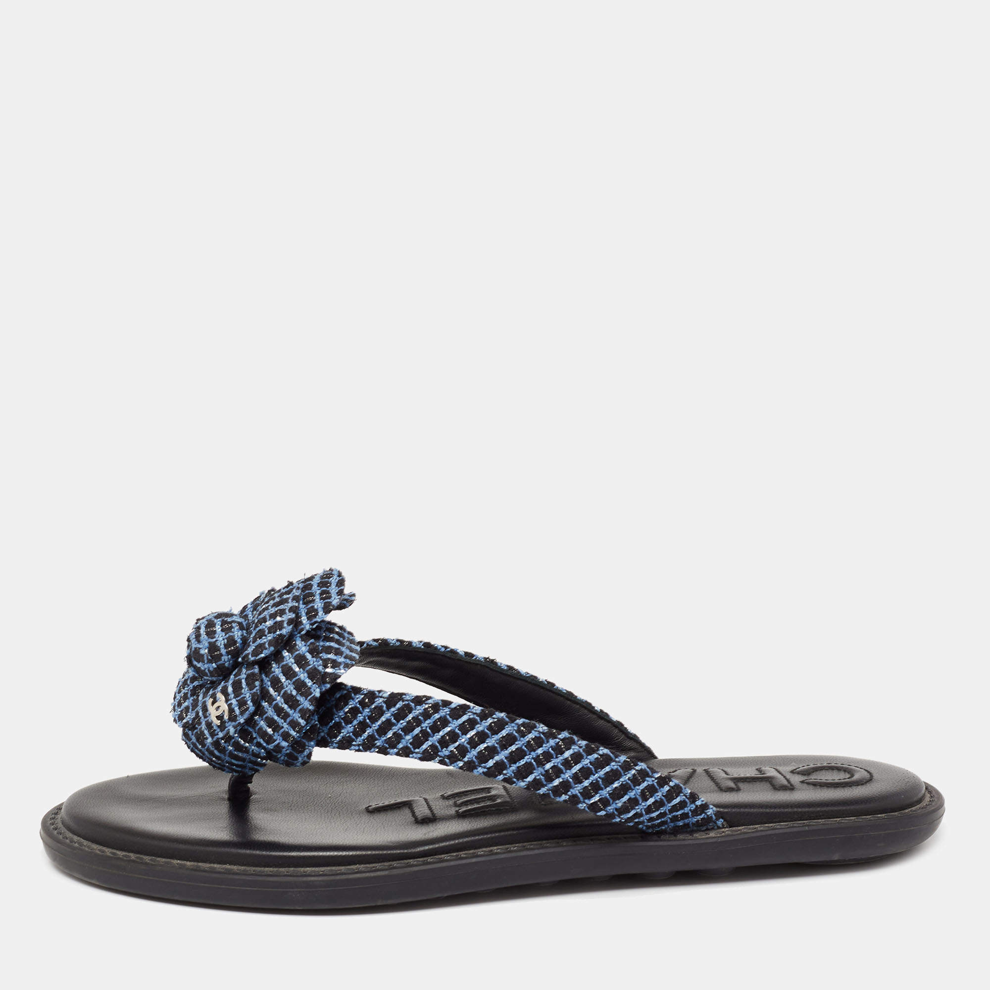 Chanel Blue Tweed Camellia Thong Flat Sandals Size 37.5