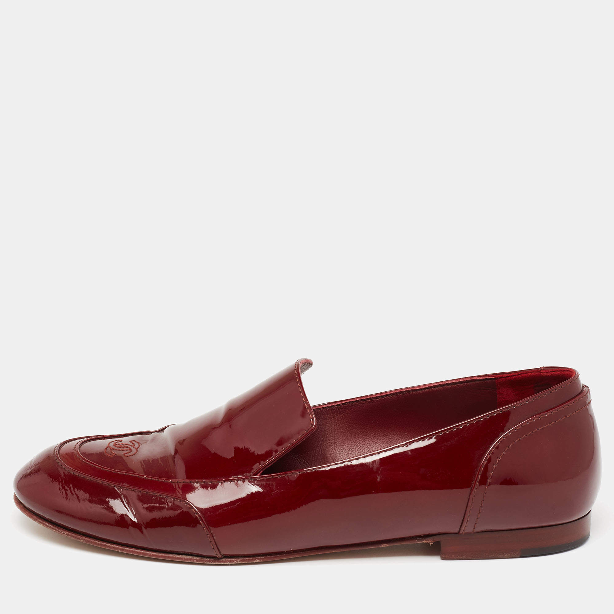 Chanel Burgundy Patent Leather CC Loafers Size 39.5