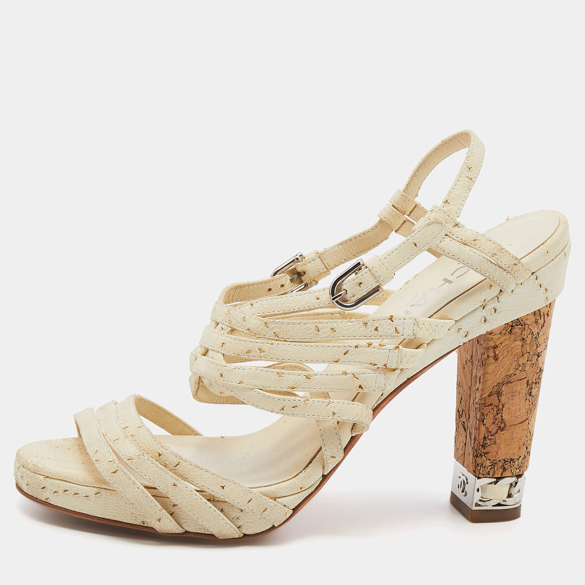 Chanel Cream Leather Chain Embellished Cork Block Heel Strappy Sandals Size   Chanel | TLC