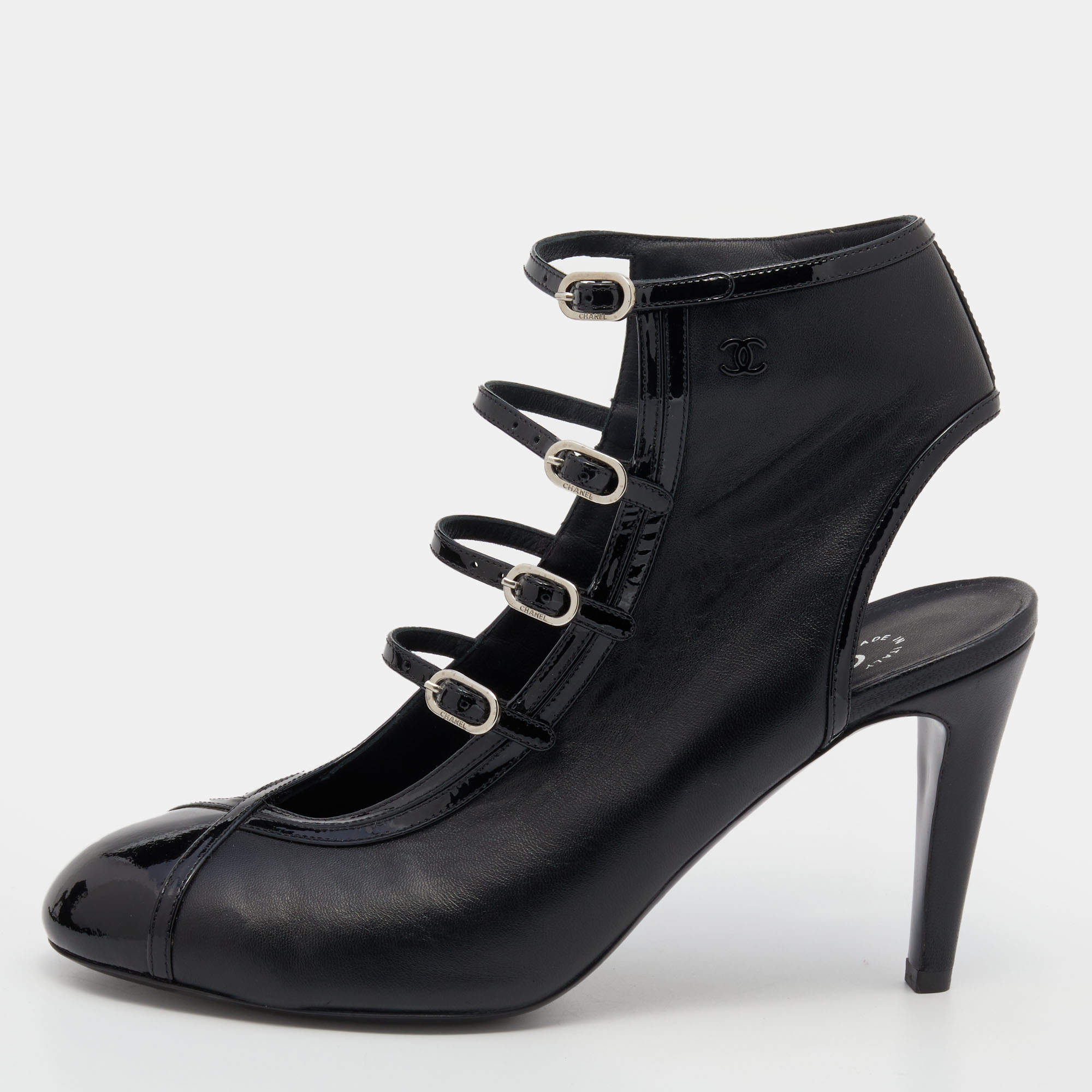 Chanel Black Patent Leather And Leather CC Buckle Detail Ankle Booties Size 37.5