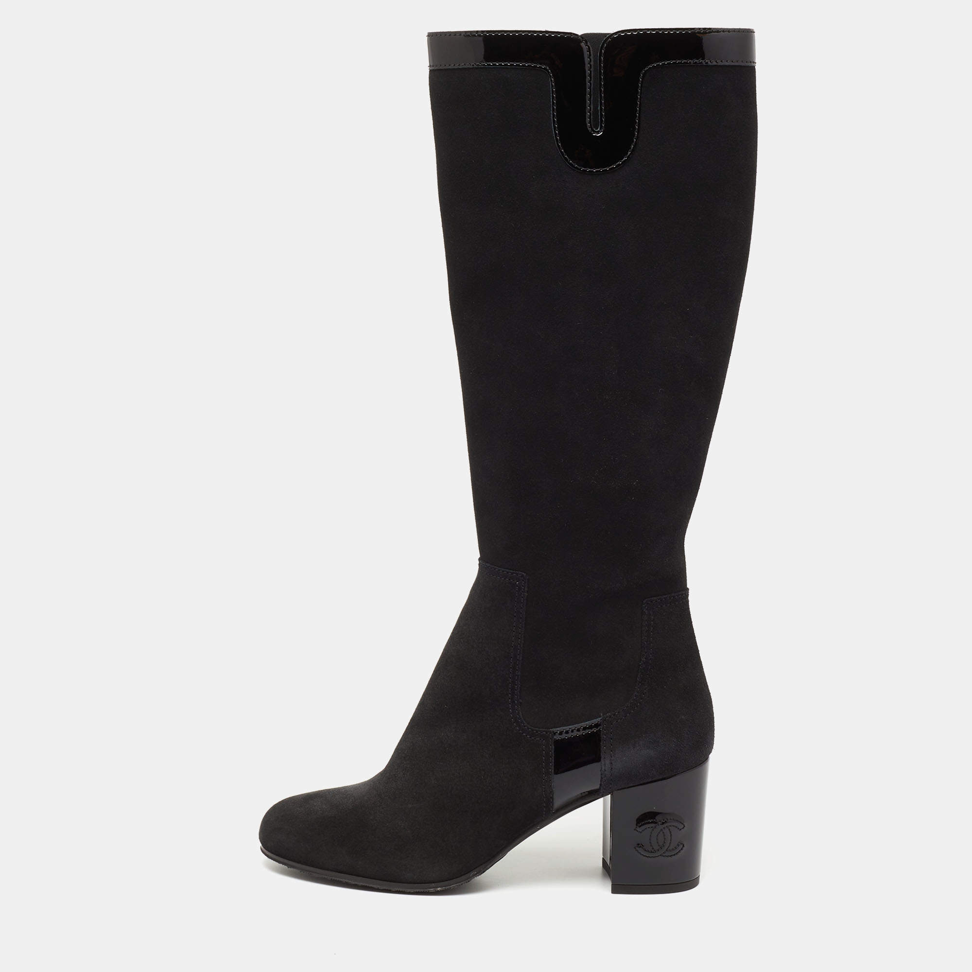 Chanel Black Suede And Patent Block Mild Calf Boots Size 39