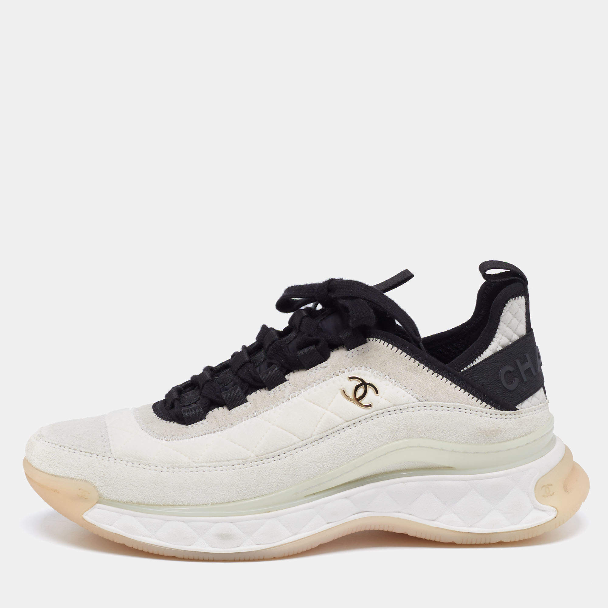 Pre Owned Chanel Grey/White Suede And Fabric CC Lace Up Sneakers Size 39.5