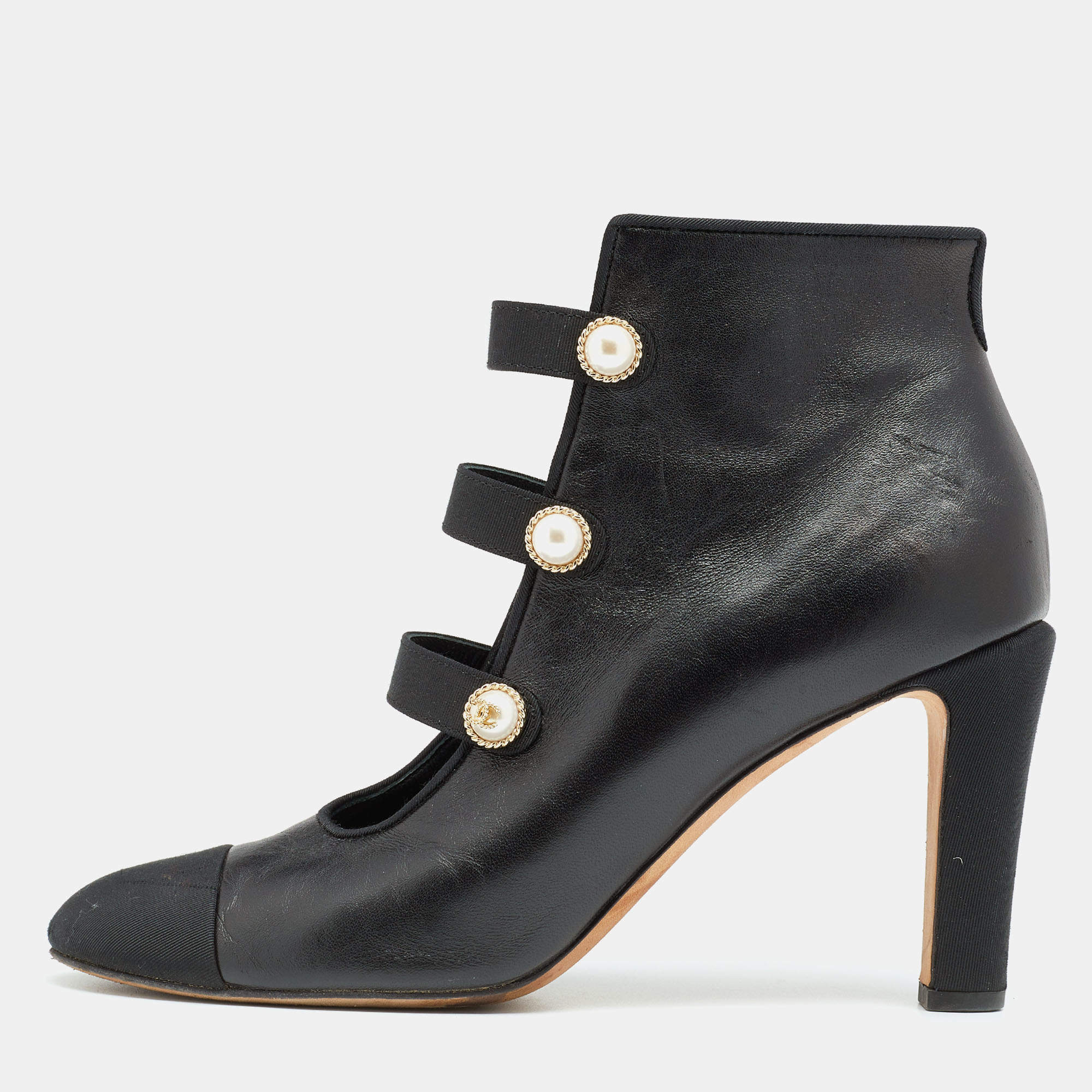 Chanel Black Leather And Fabric CC Ankle Length Boots Size 39.5