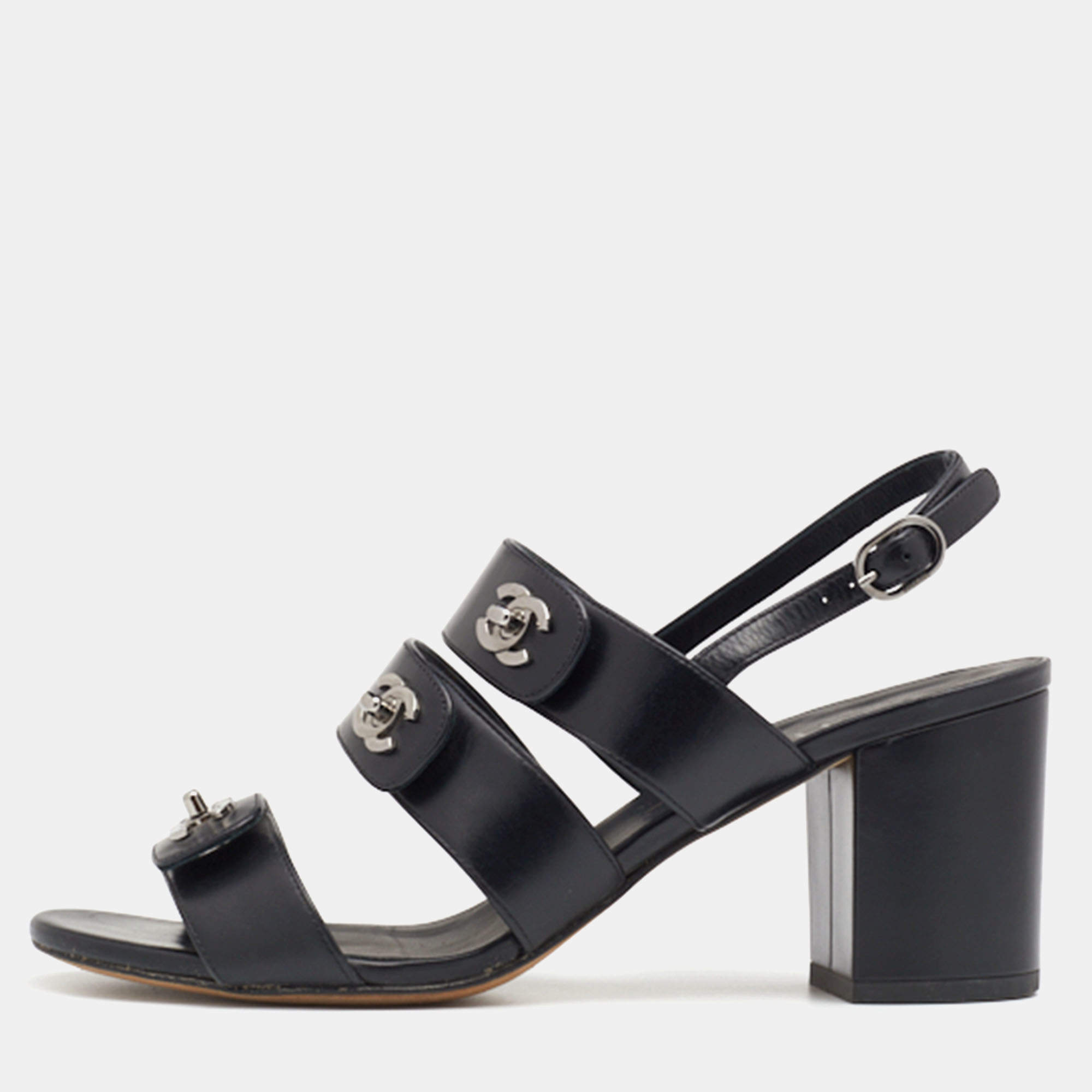 Chanel Black Leather CC Turnlock Sandals Size 38