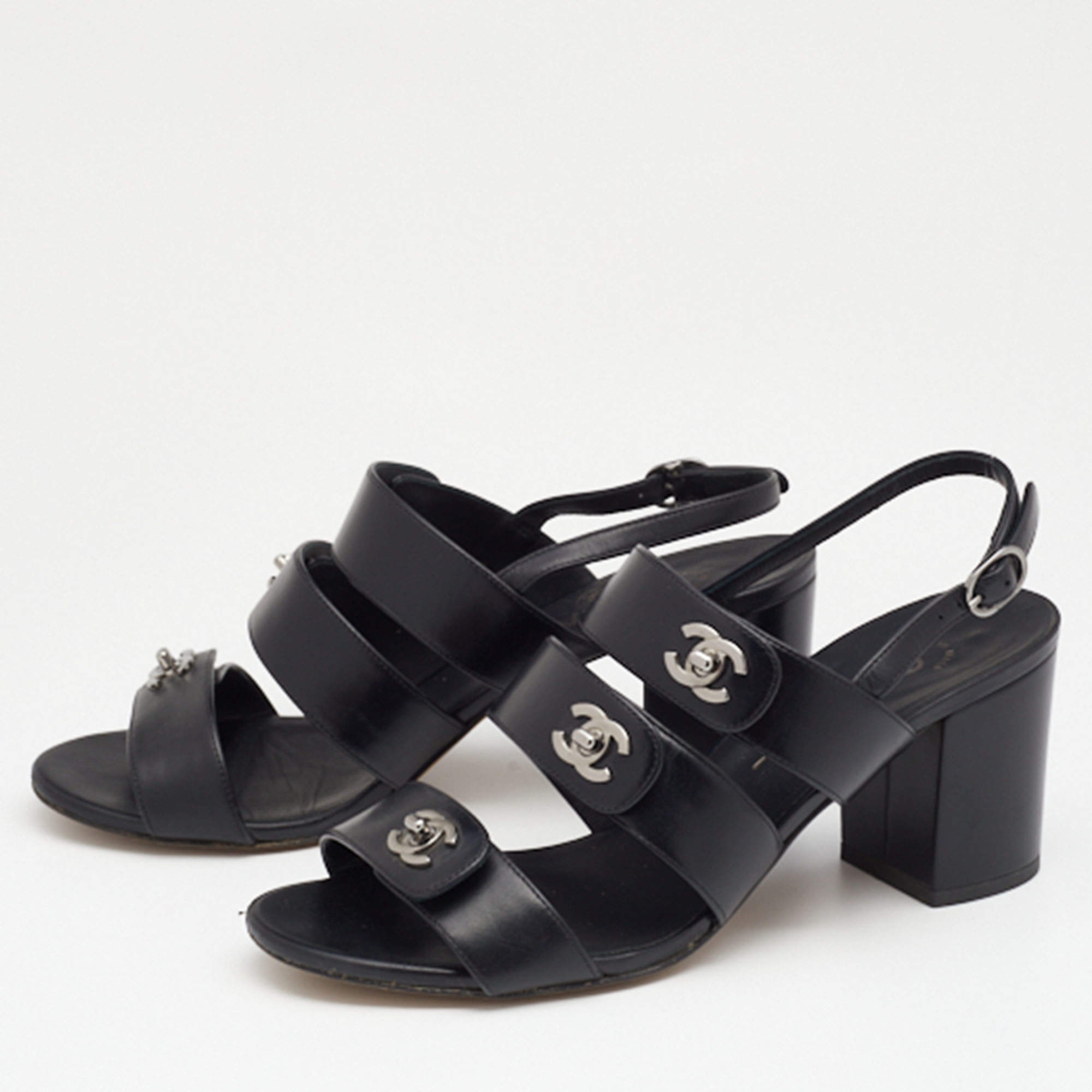 Chanel Black Leather CC Turnlock Sandals Size 38