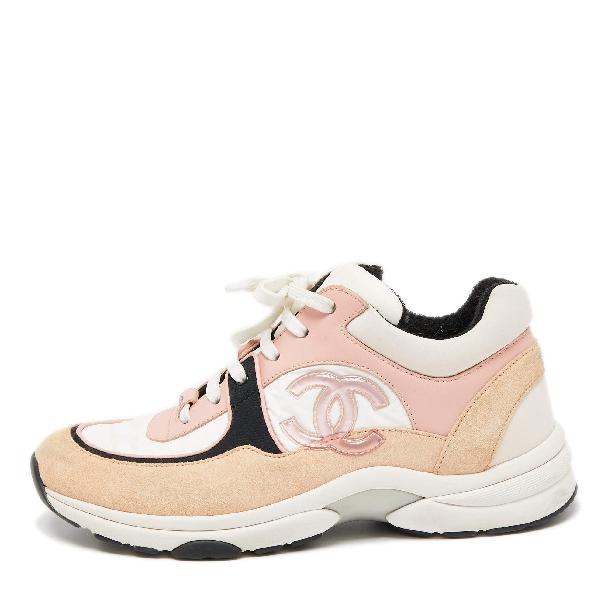 Pre Owned Chanel Multicolor Nylon And Leather CC Logo Lace Up Sneakers Size 38