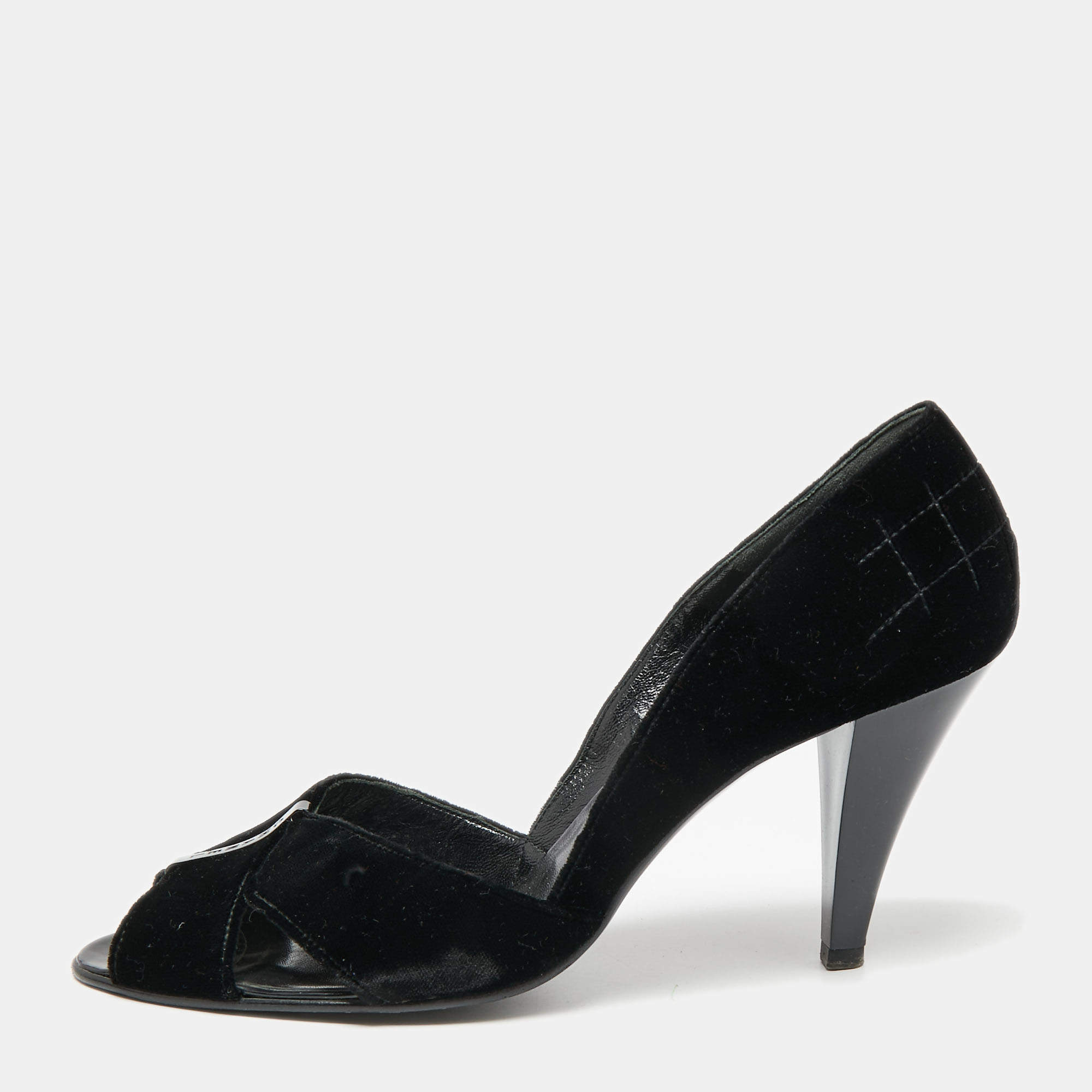Pre Owned Chanel Black Velvet Cross Strap Peep-Toe Pumps Size 41