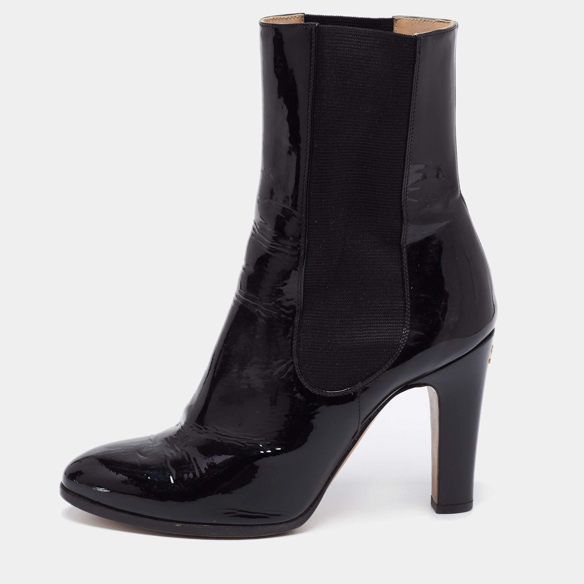 Chanel Black Patent Leather CC Mid Calf Boots Size 38.5