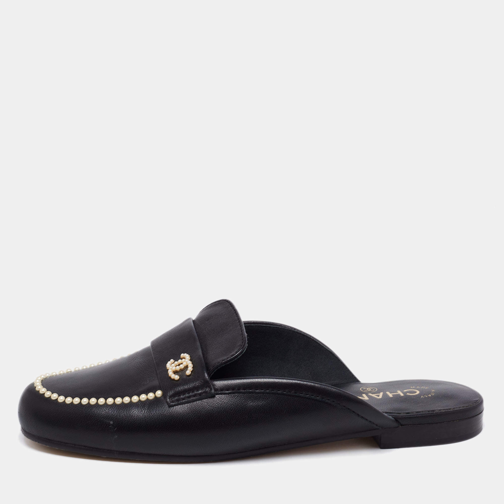 Chanel Black Leather CC Pearl Embellished Flat Mules Size 40