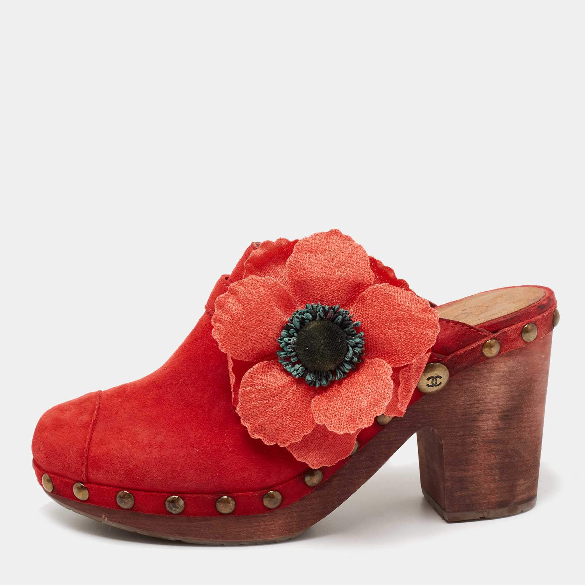 Chanel Red Suede Studded Wood Platform Clogs Size 41