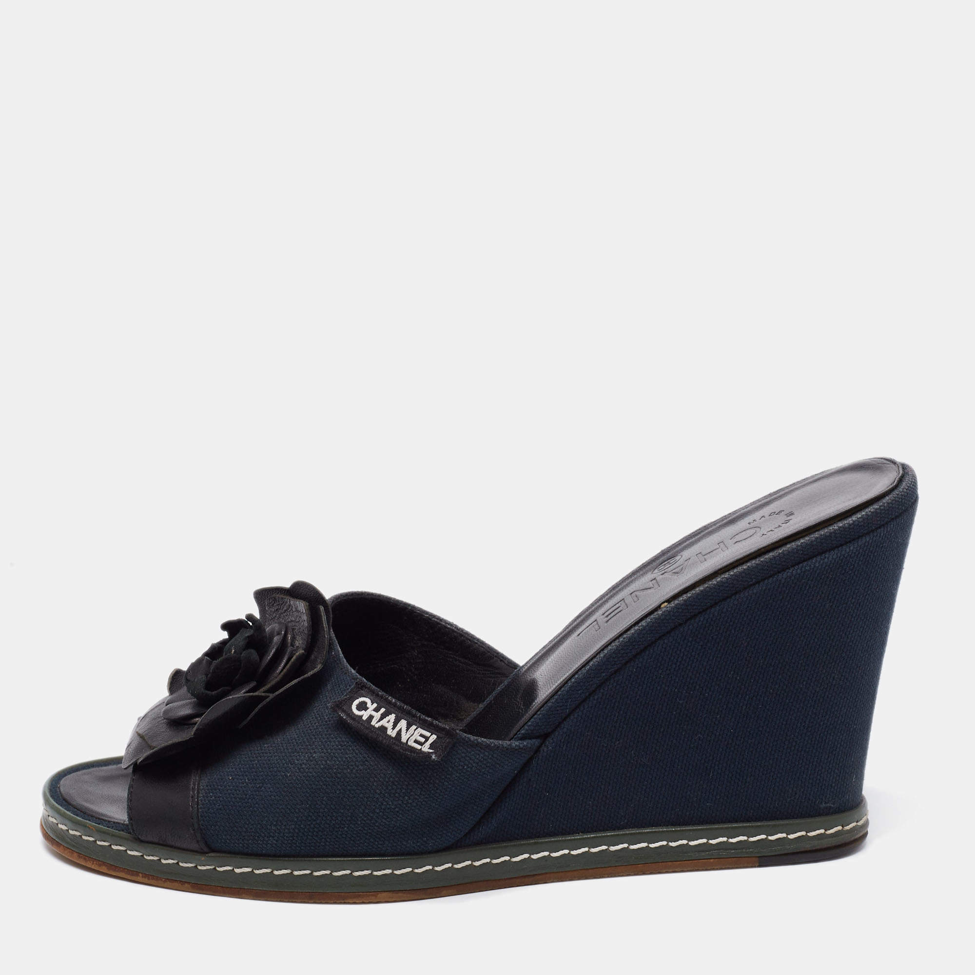 Chanel Blue/Black Camellia Slide Wedge Sandals Size 40.5