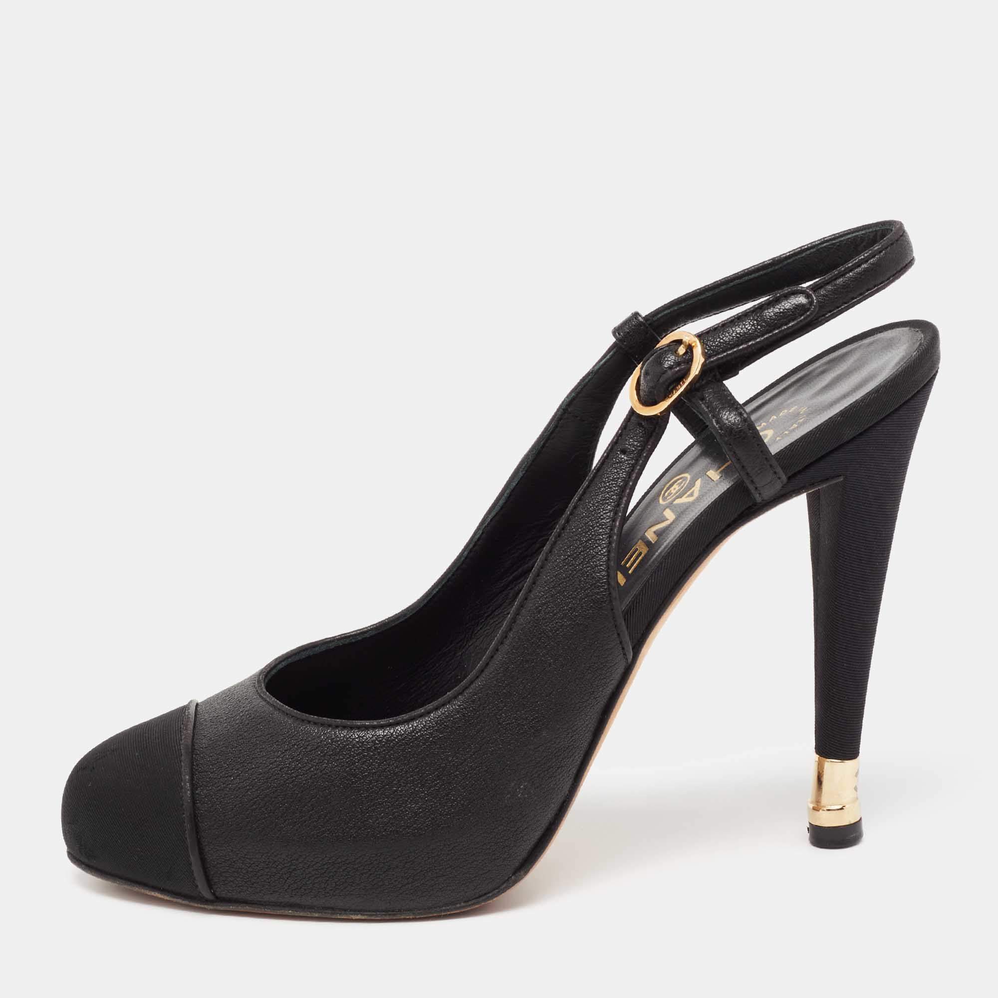 Pre Owned Chanel Black Leather and Fabric Cap Toe Slingback Pumps Size 39