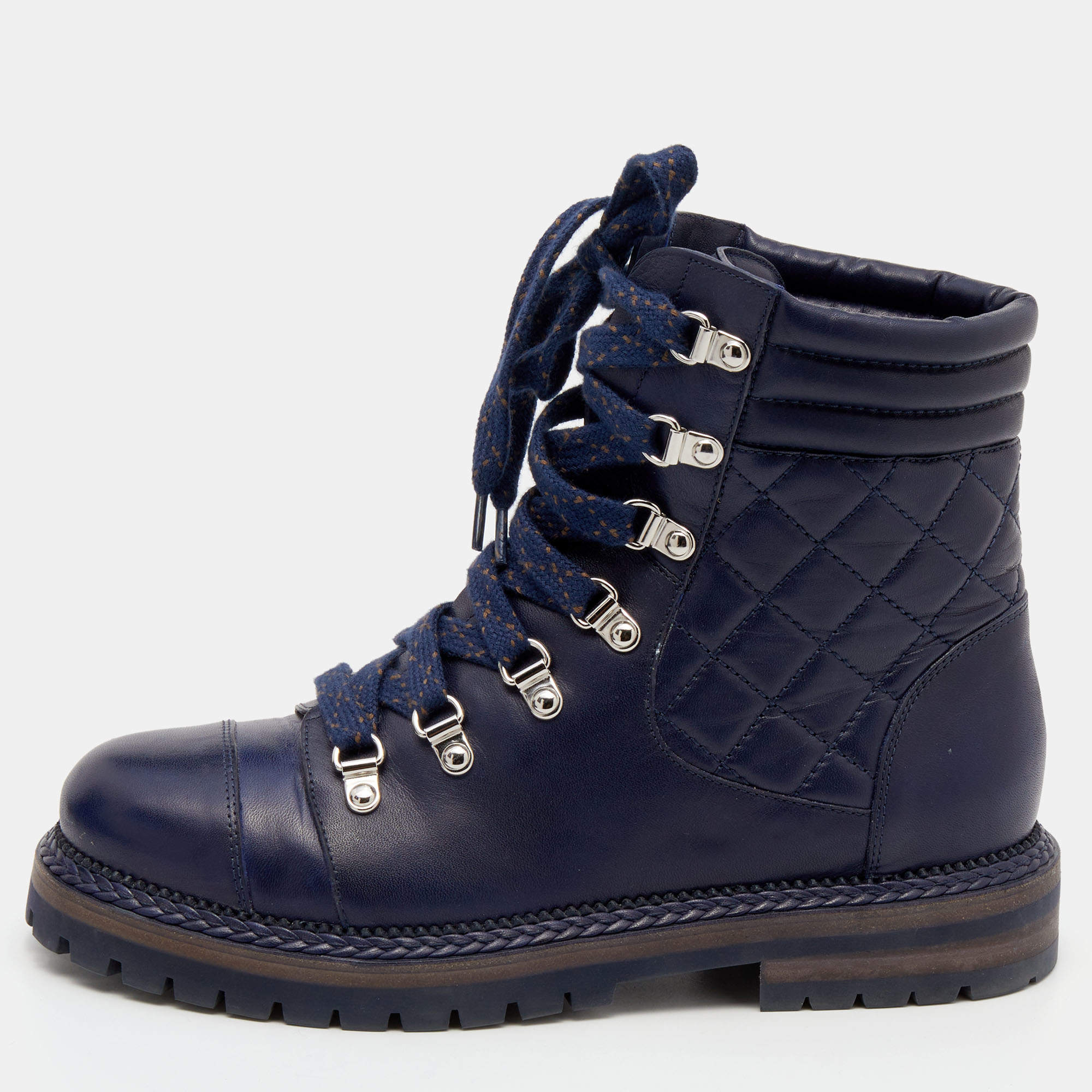 Chanel Blue Quilted Leather CC Combat Boots Size 38