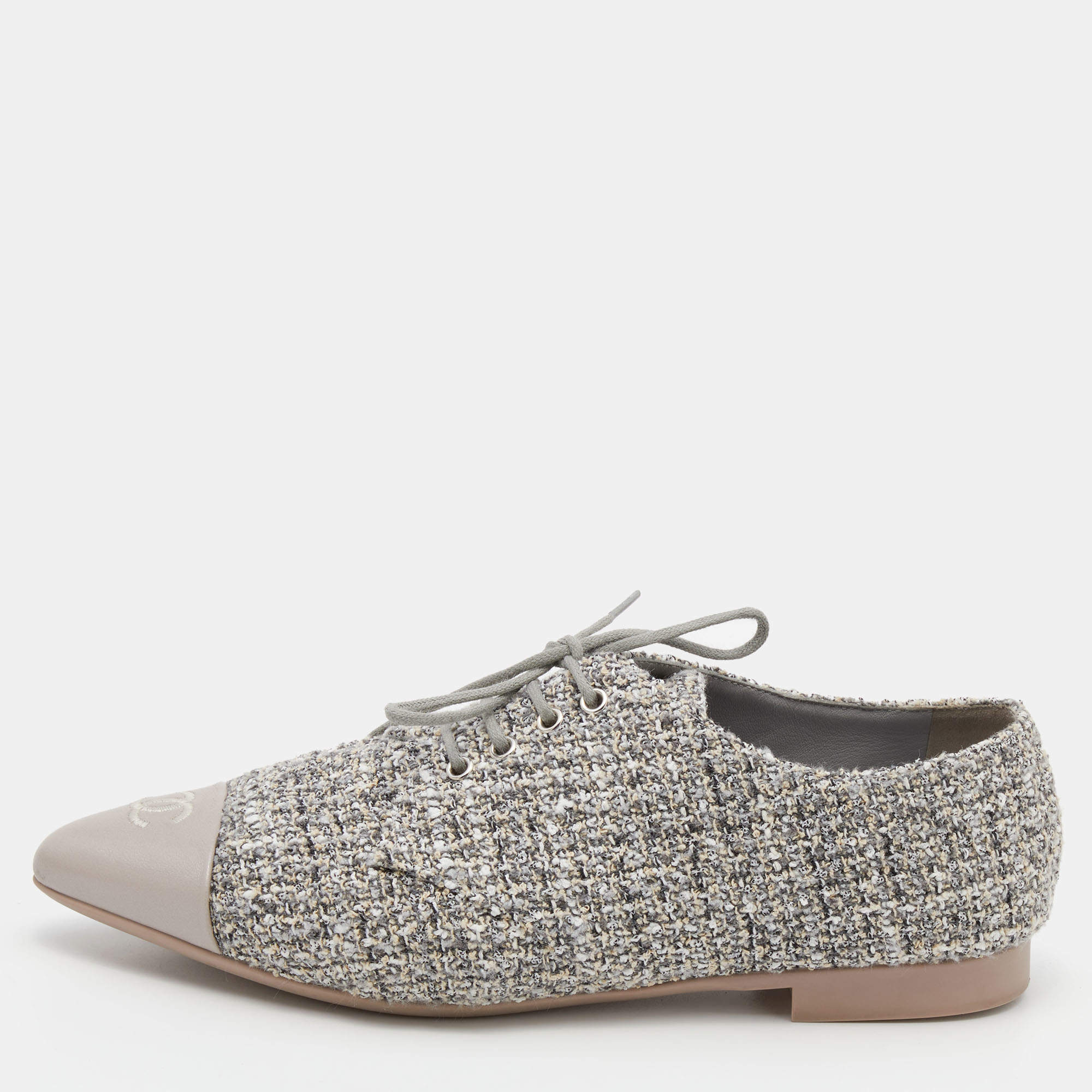 Chanel Multicolor Tweed And Leather CC Cap Toe Lace Up Derby Size 37.5