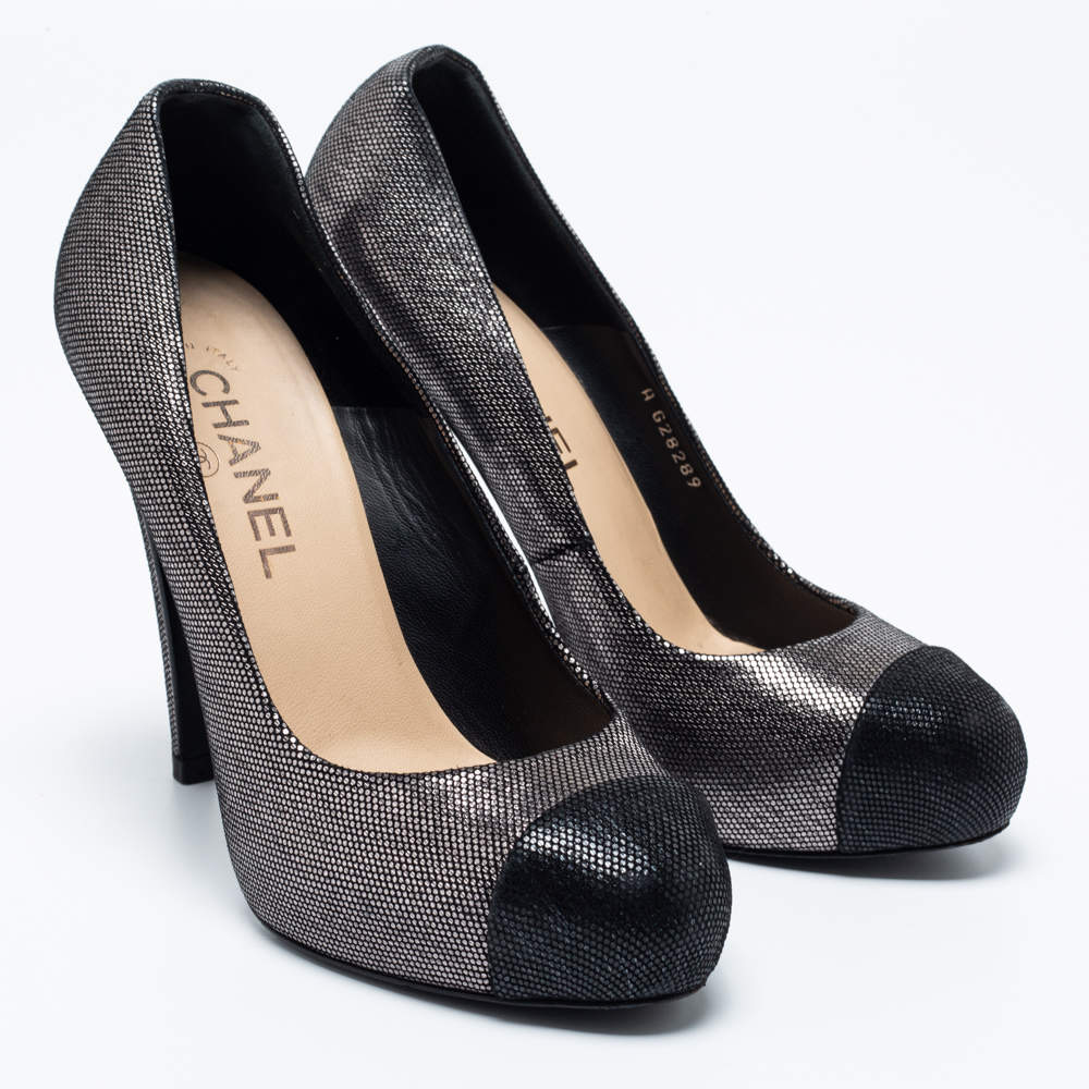 new CHANEL black suede silver toe cap CC logo mid block heel slingback pump  EU39 at 1stDibs