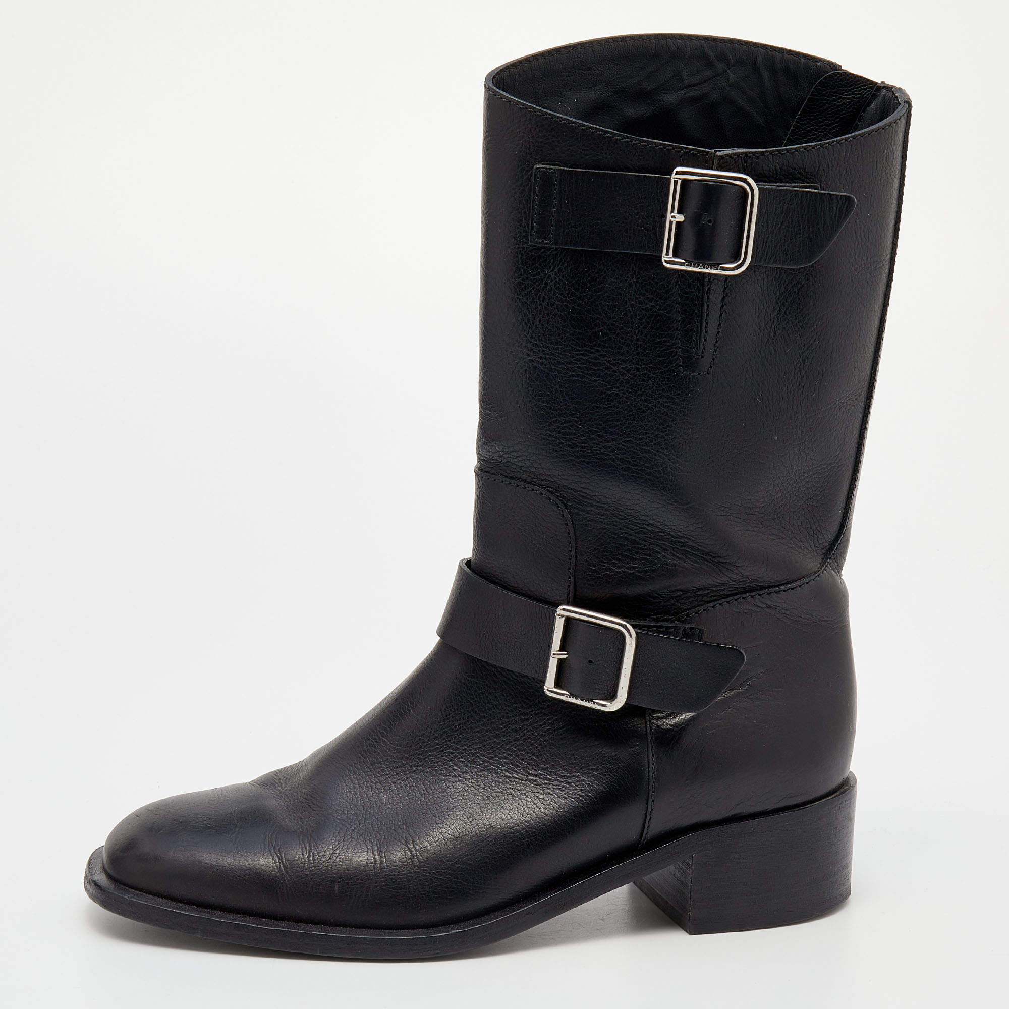 Chanel Black Leather Double Buckle CC Ankle Length Boots Size 39