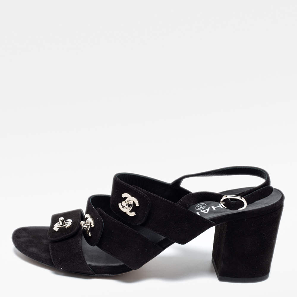 مملوكة مسبقًا Chanel Black Suede CC Slingback  Sandals Size 38