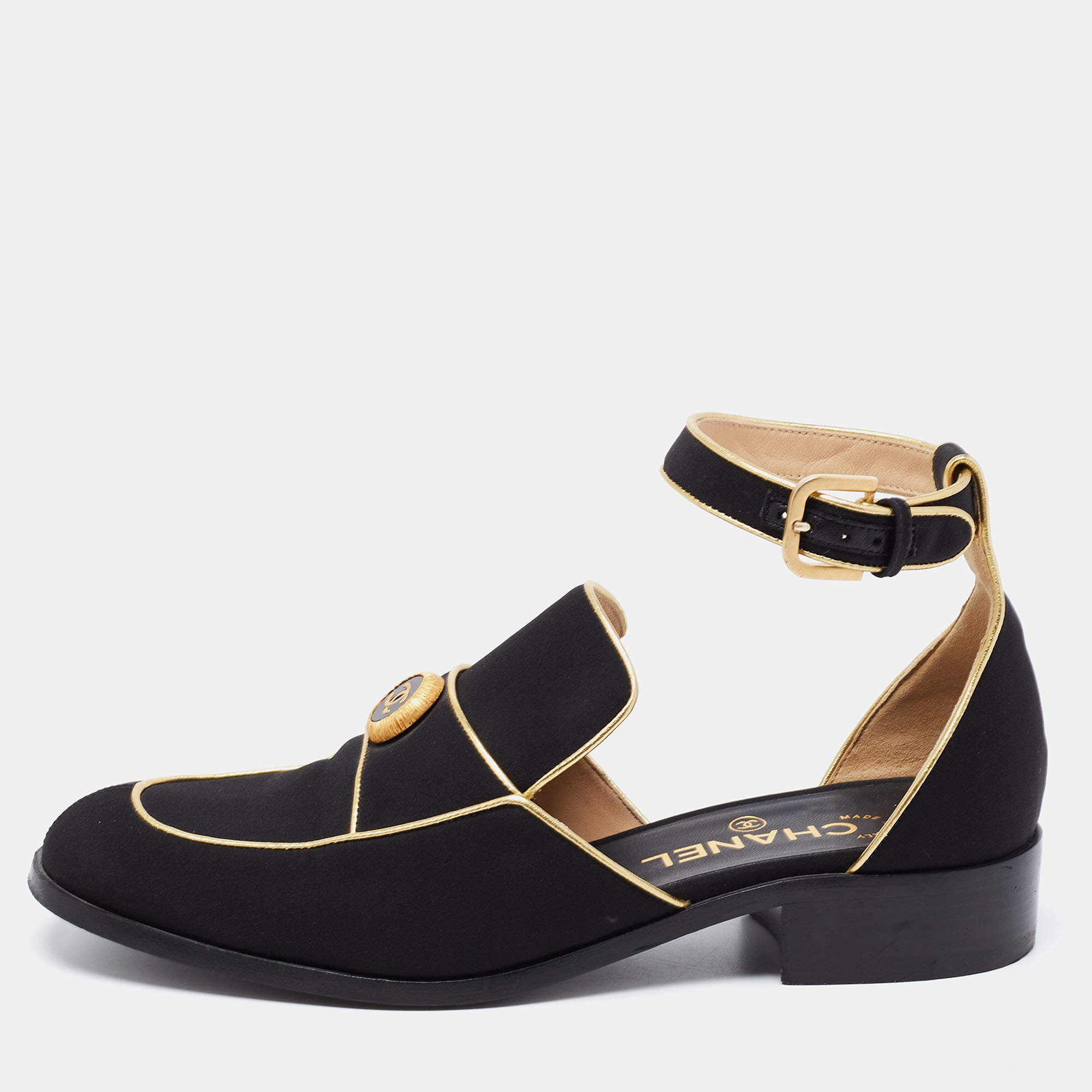 مملوكة مسبقًا Chanel Black/Gold Canvas And Leather Ankle Flats Size 39.5