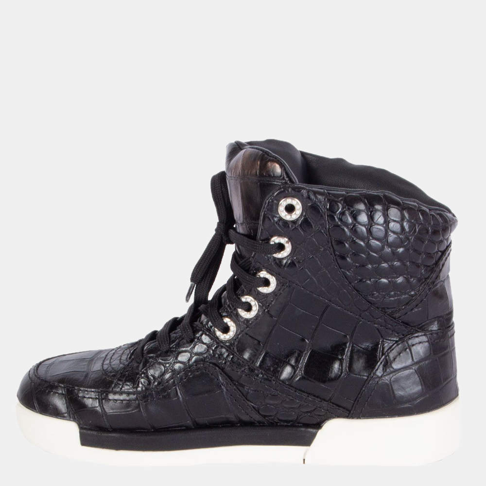 Pre Owned Chanel Black Crocodile Embossed High Top Sneakers EU 38