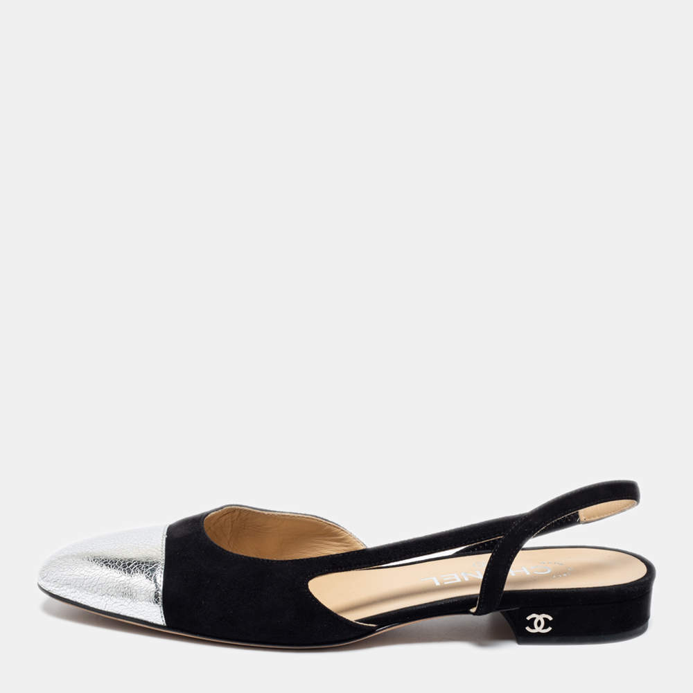 Pre Owned Chanel  Black/Silver Suede And Leather Classic Slingback Sandals Size 38.5