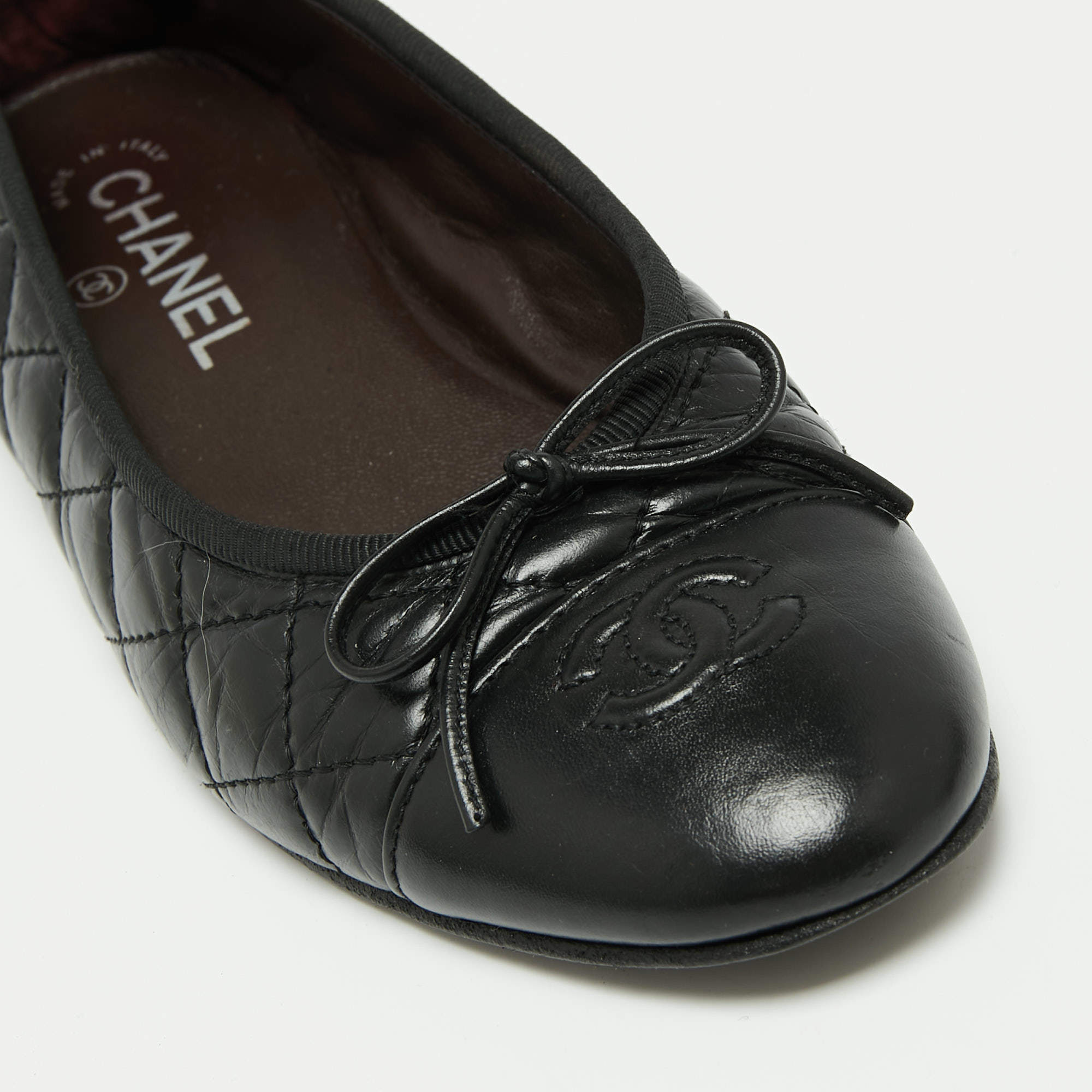 Chanel Black Quilted Leather Bow CC Cap Toe Ballet Flats Size 37