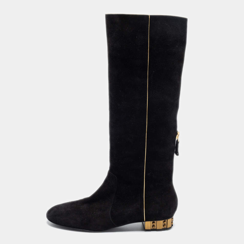 Chanel Black Suede Zip  Midcalf Boots Size 37.5