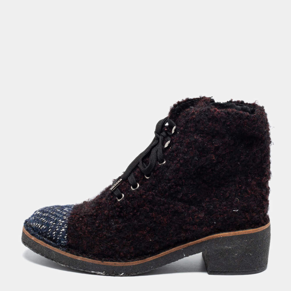 مملوكة مسبقًا Chanel Burgundy/Grey Tweed Ankle Boots Size 37.5 