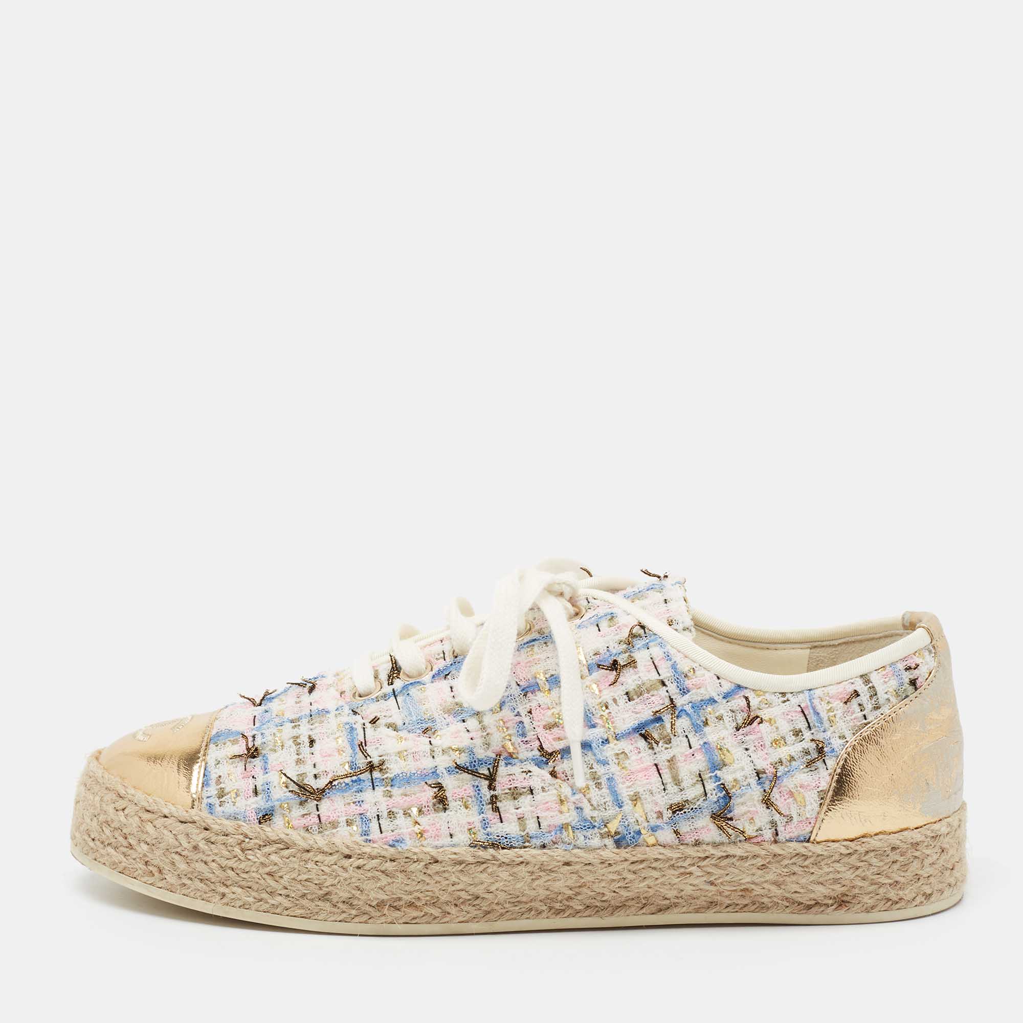 Pre Owned Chanel Multicolor Tweed And Leather CC Cap Toe Espadrille Low Top Sneakers Size 37
