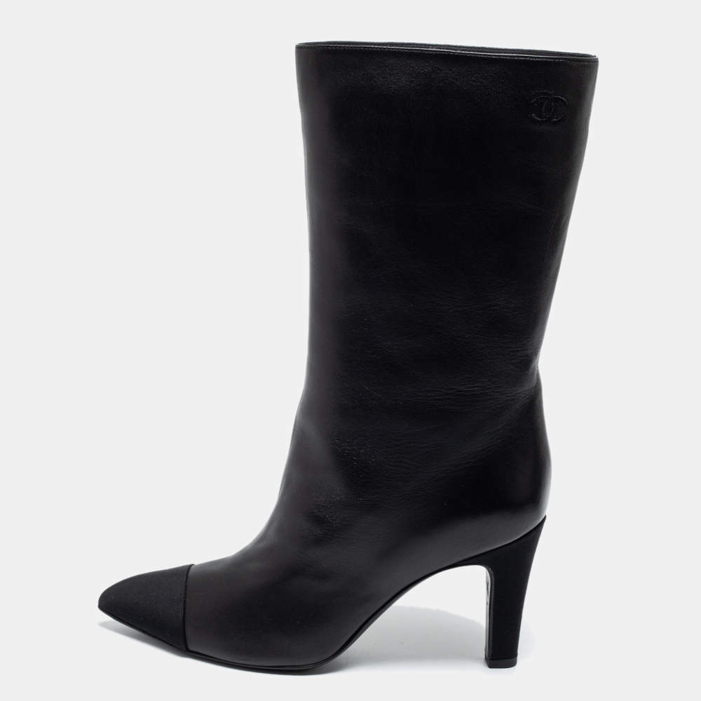 Chanel Black Leather CC Cap Toe Knee High Boots Size 38