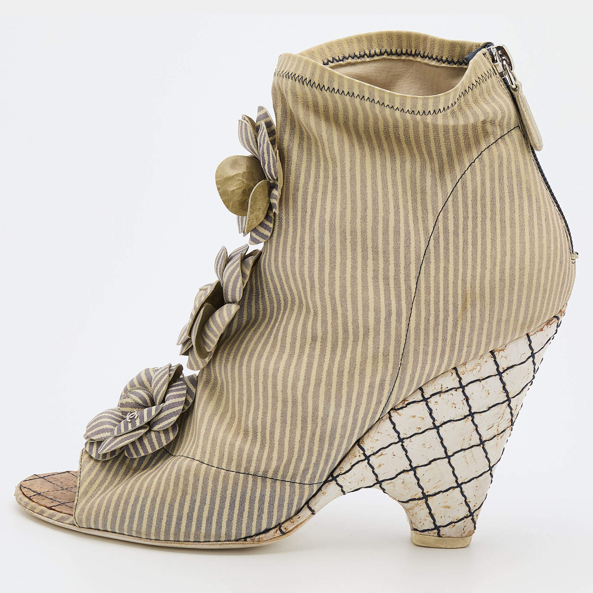 Chanel Blue/White Striped Stretched Leather Camellias Booties Size 40