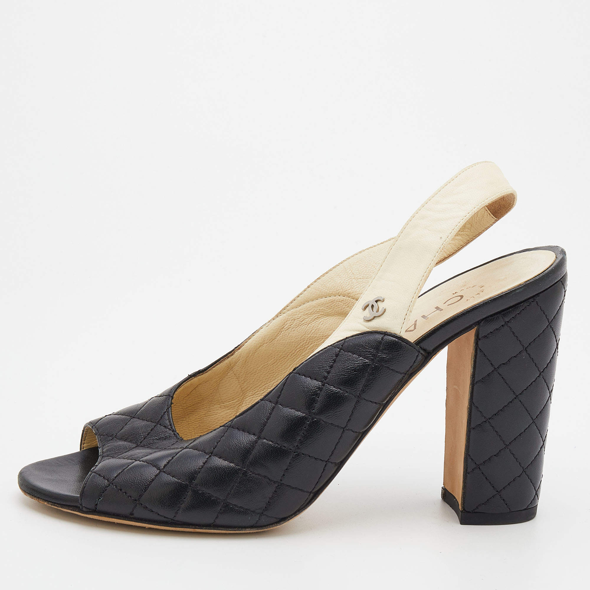Chanel Black/Cream Quilted Leather CC Block Heel Slingback Sandals Size 38