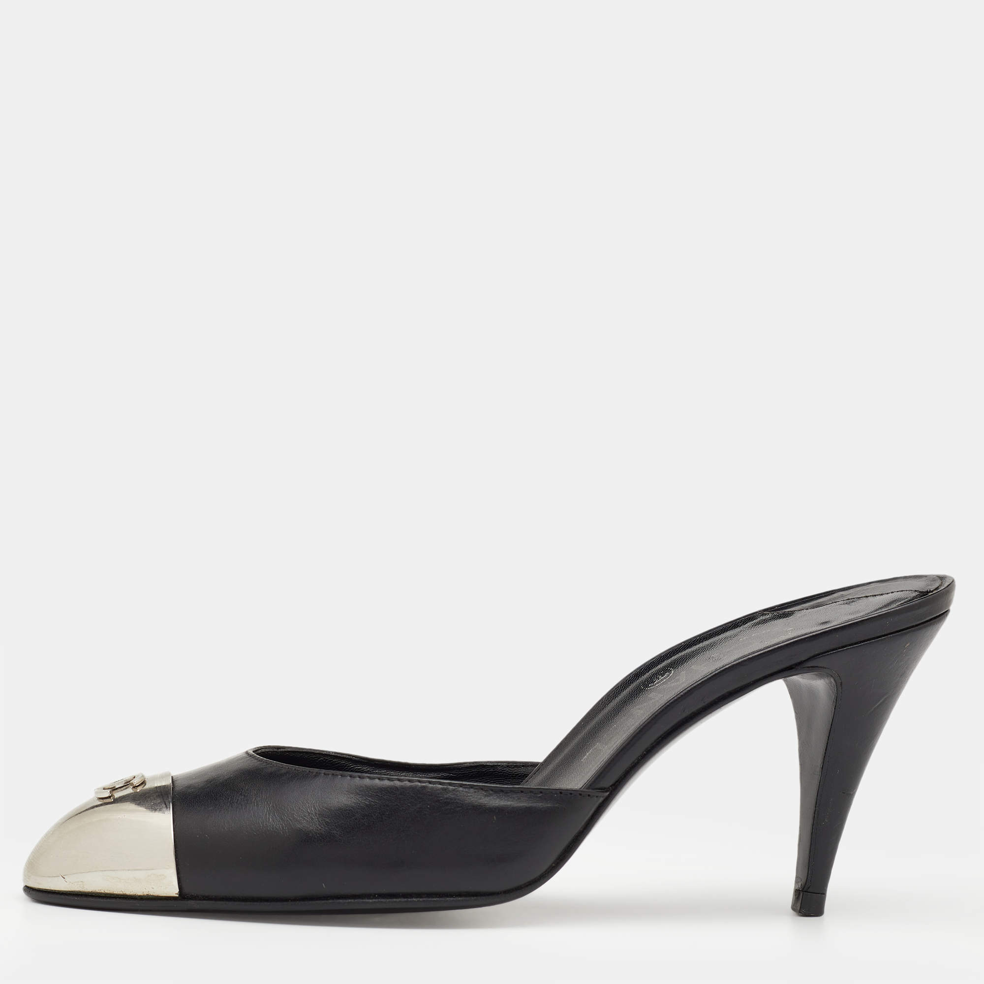 Chanel Black Leather CC Metal Cap Toe Mule Sandals Size 38.5