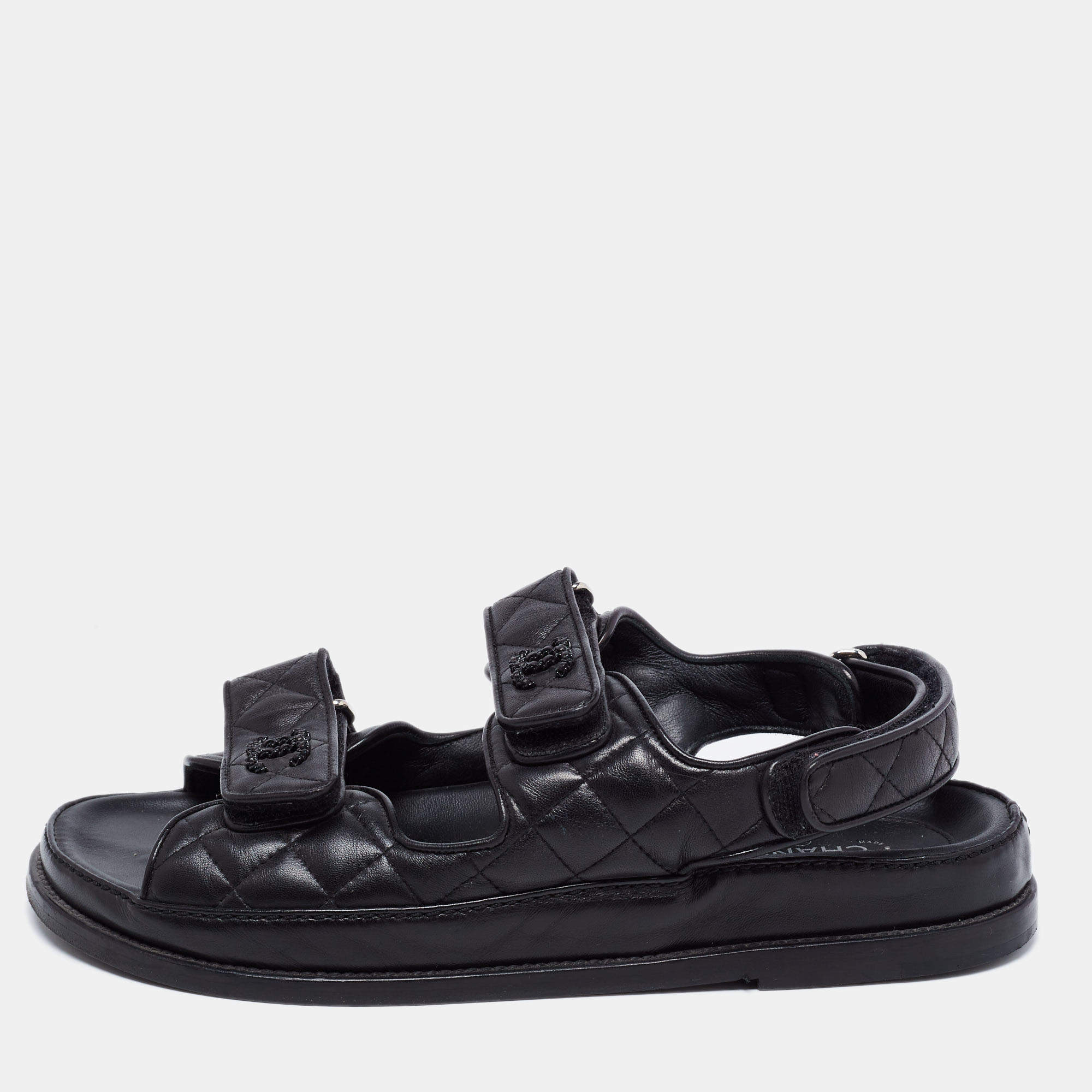Pre Owned Chanel Black Quilted Leather CC Velcro Dad Sandals Size 40.5