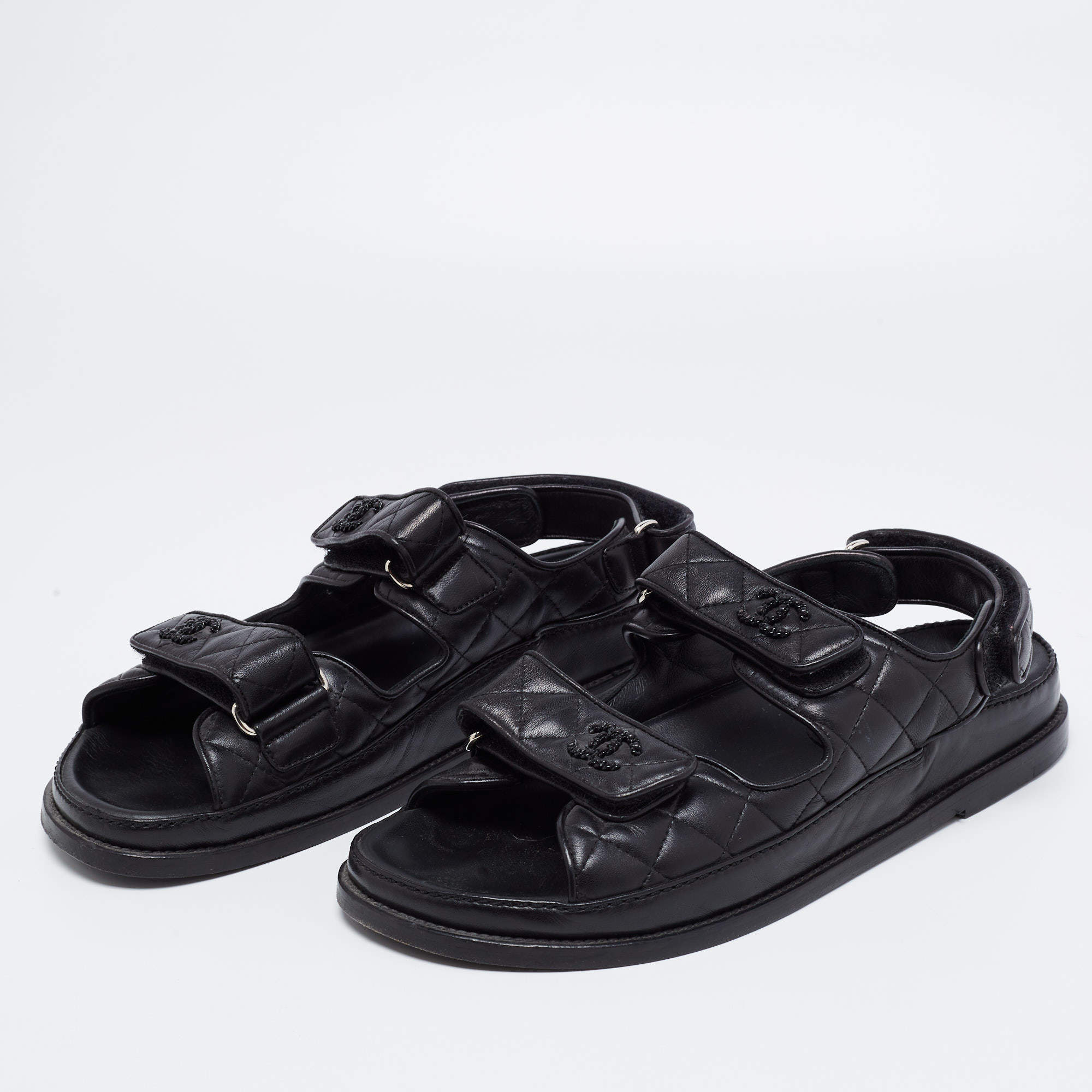 Chanel Black Quilted Leather CC Velcro Dad Sandals Size 40.5