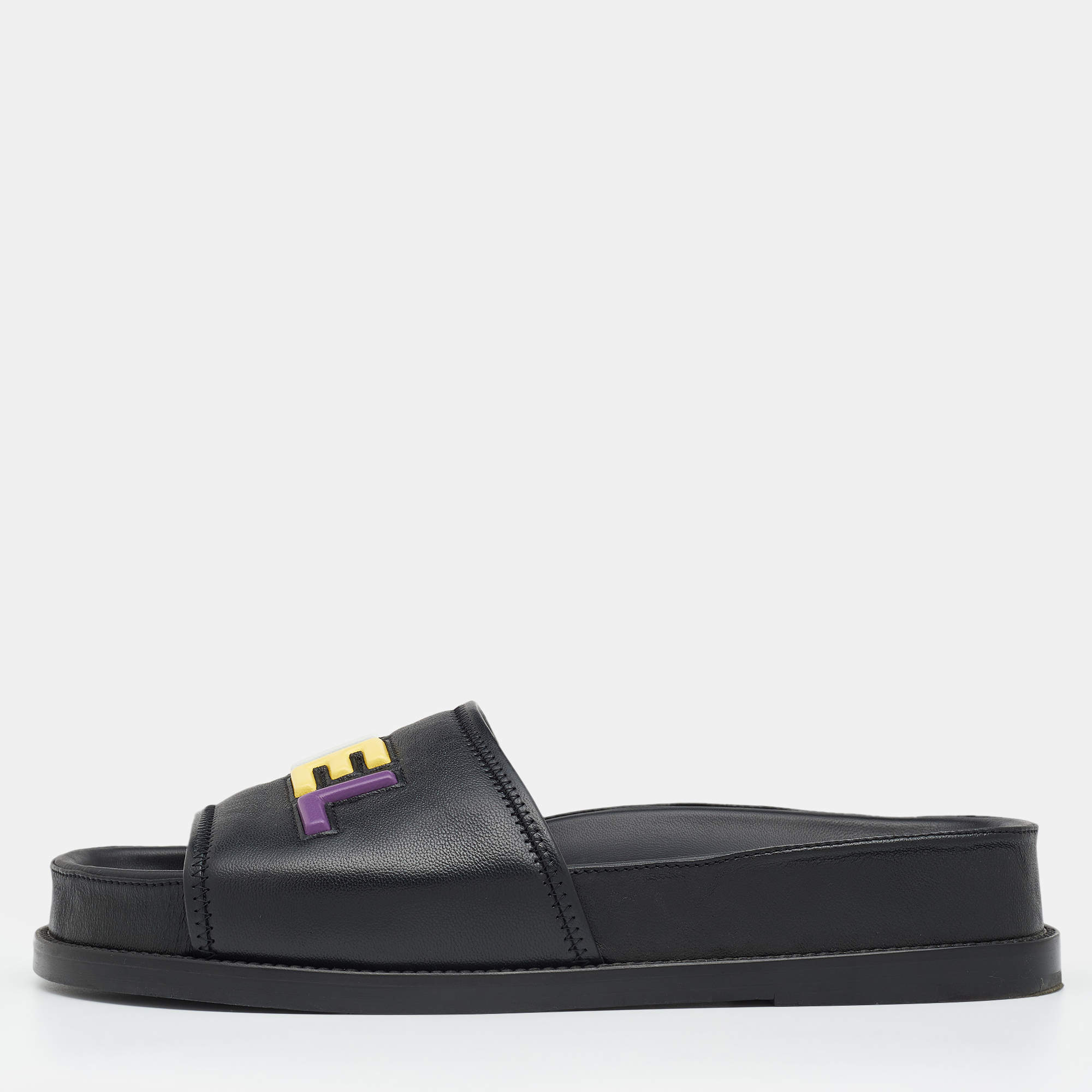 Pre Owned Chanel Black Leather CHA NEL Letter Logo Slide Sandals Size 40.5