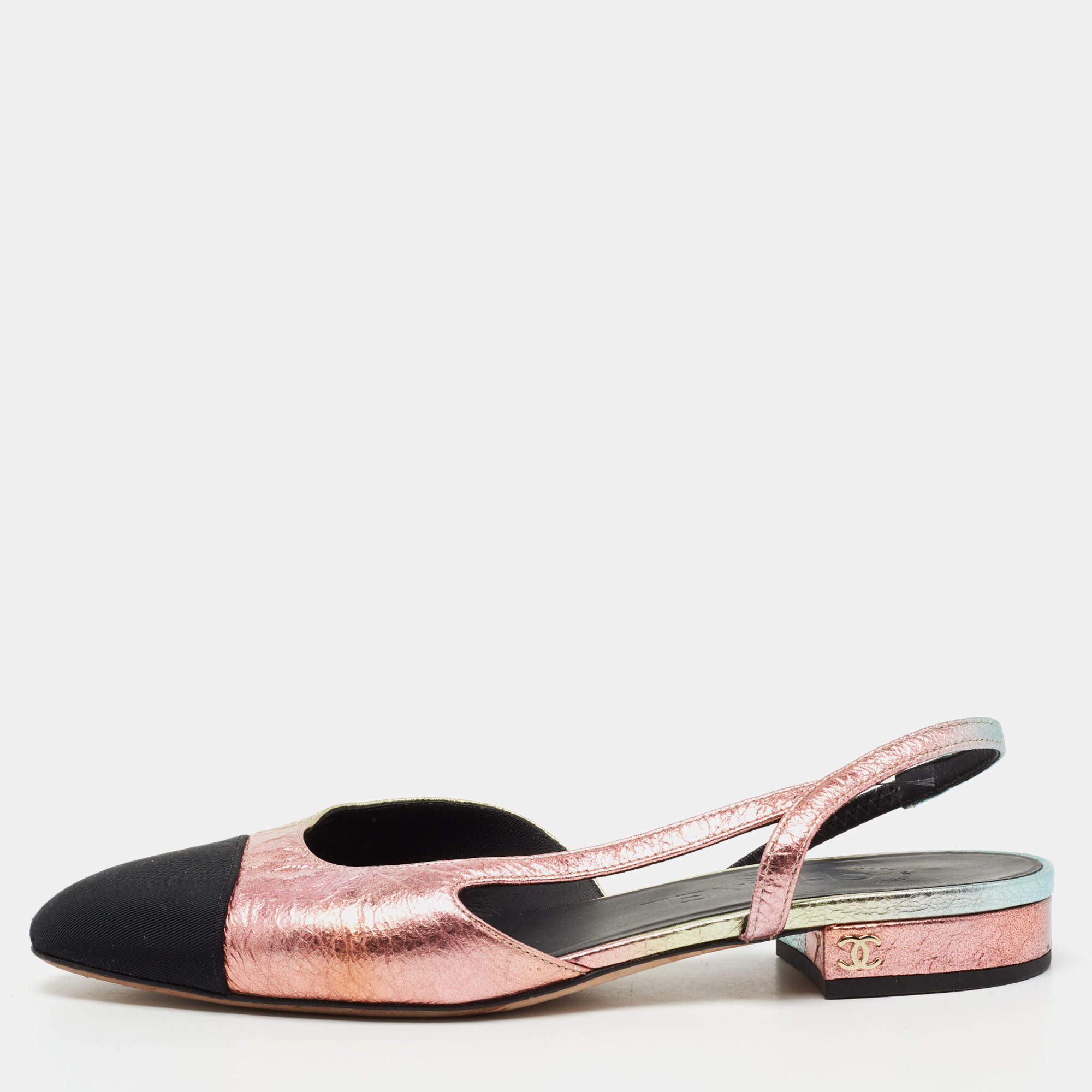 مملوكة مسبقًا Chanel Multicolor Leather And Fabric CC Cap Toe Slingback Sandals Size 36.5