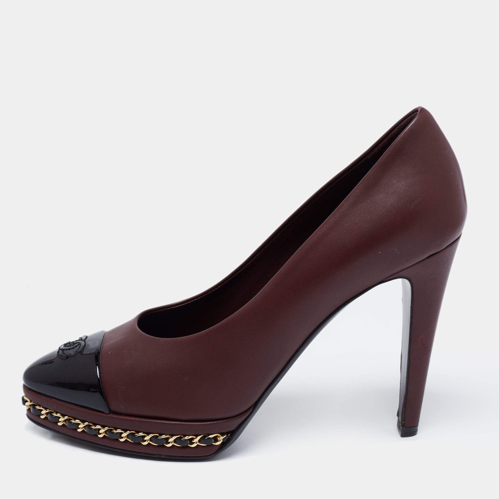 Pre Owned Chanel Burgundy/Black Leather and Patent CC Cap Toe Chain Platform Pumps Size 37.5