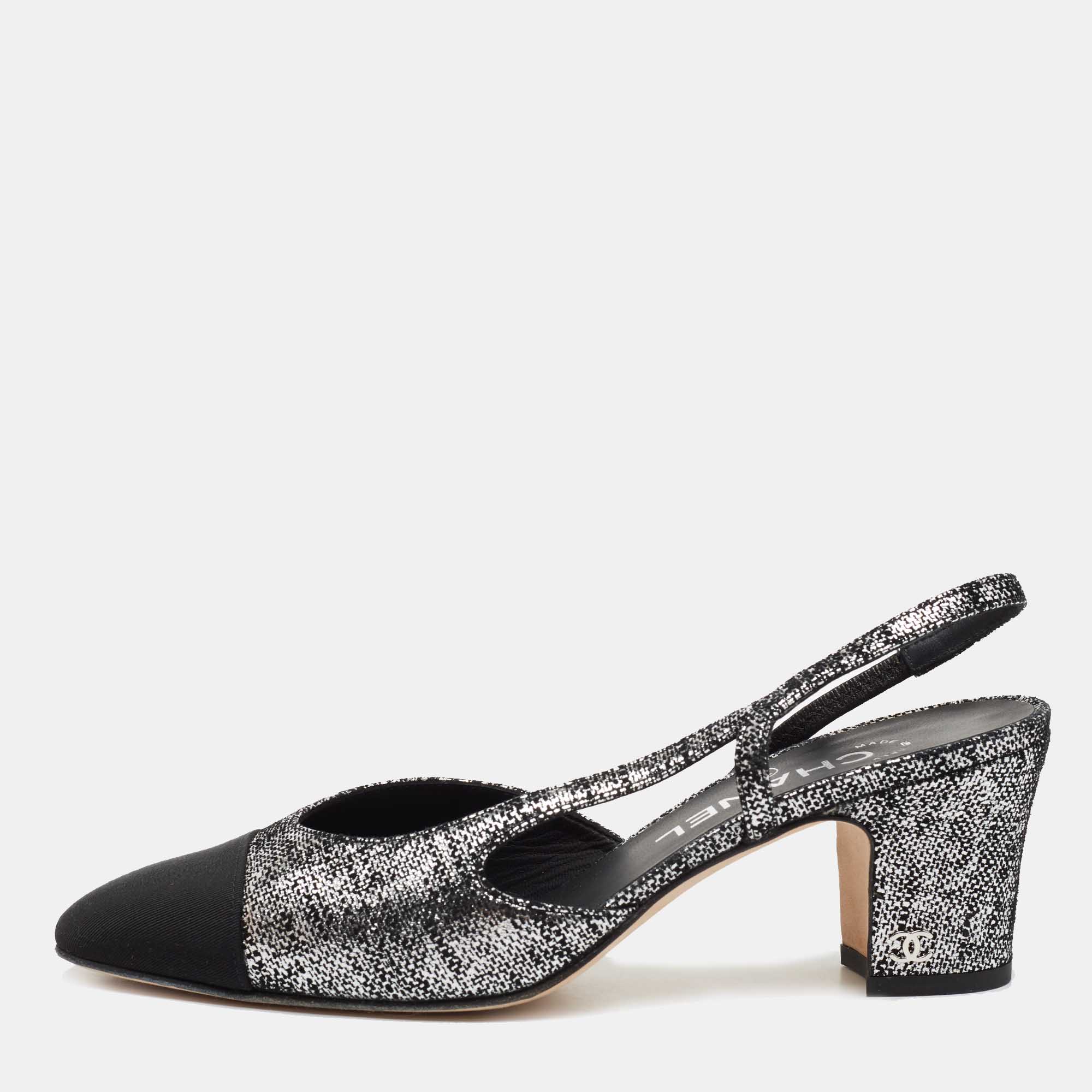 مملوكة مسبقًا Chanel Black/Silver Suede and Fabric Cap Toe Slingback Sandals Size 37