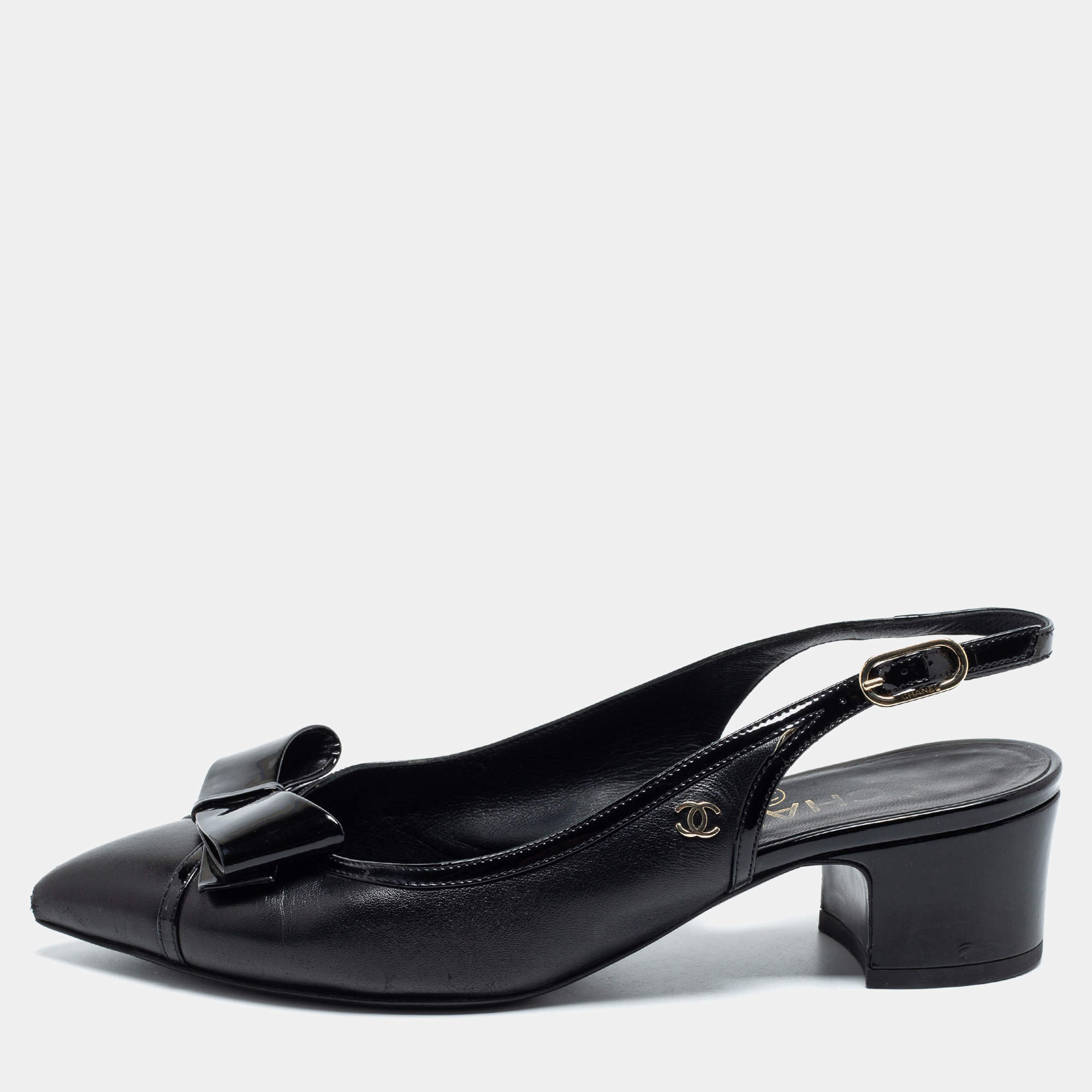 Pre Owned Chanel Black Leather and Patent Bow Slingback Pumps Size 36