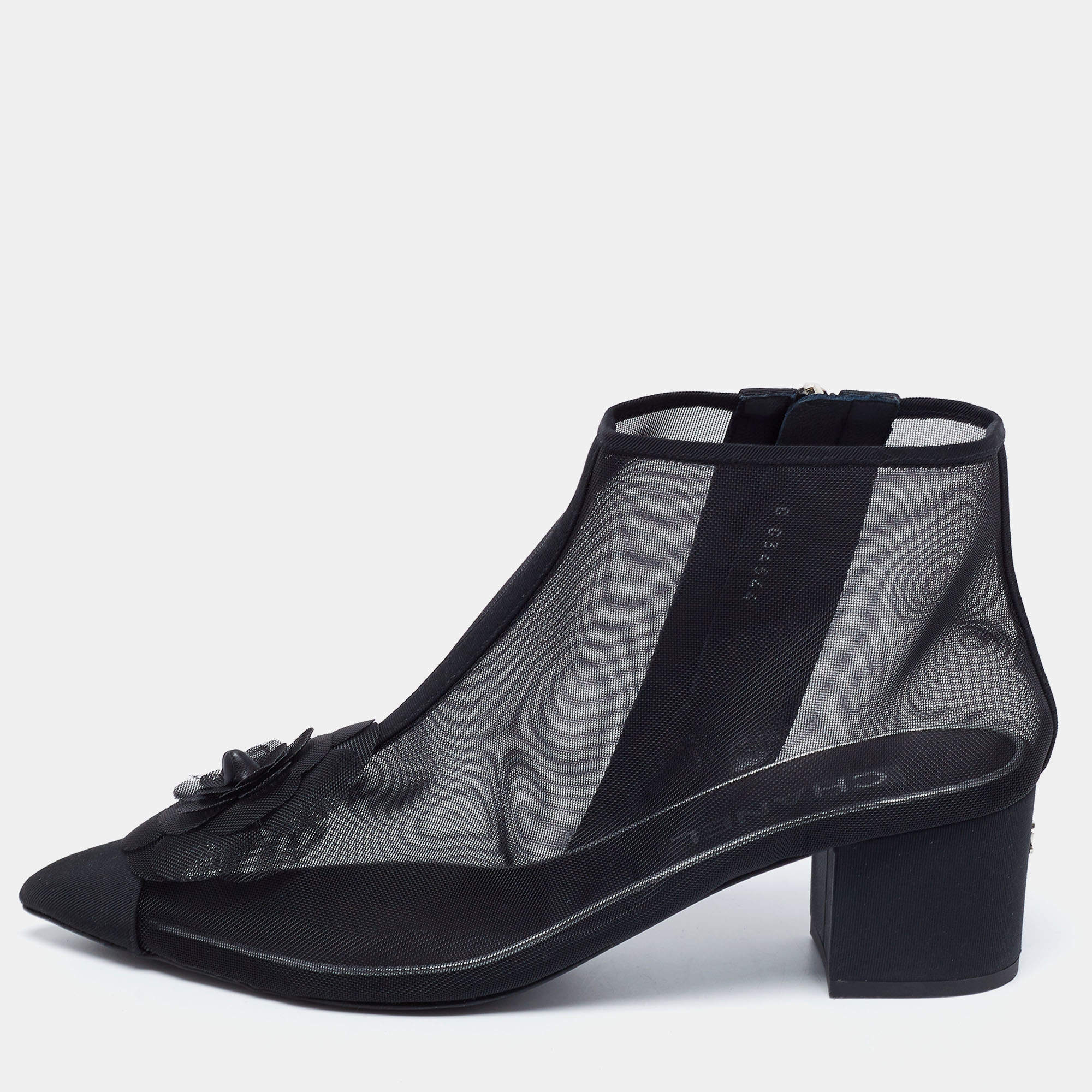 Chanel Black Mesh and Fabric Camellia Ankle Boots Size 38