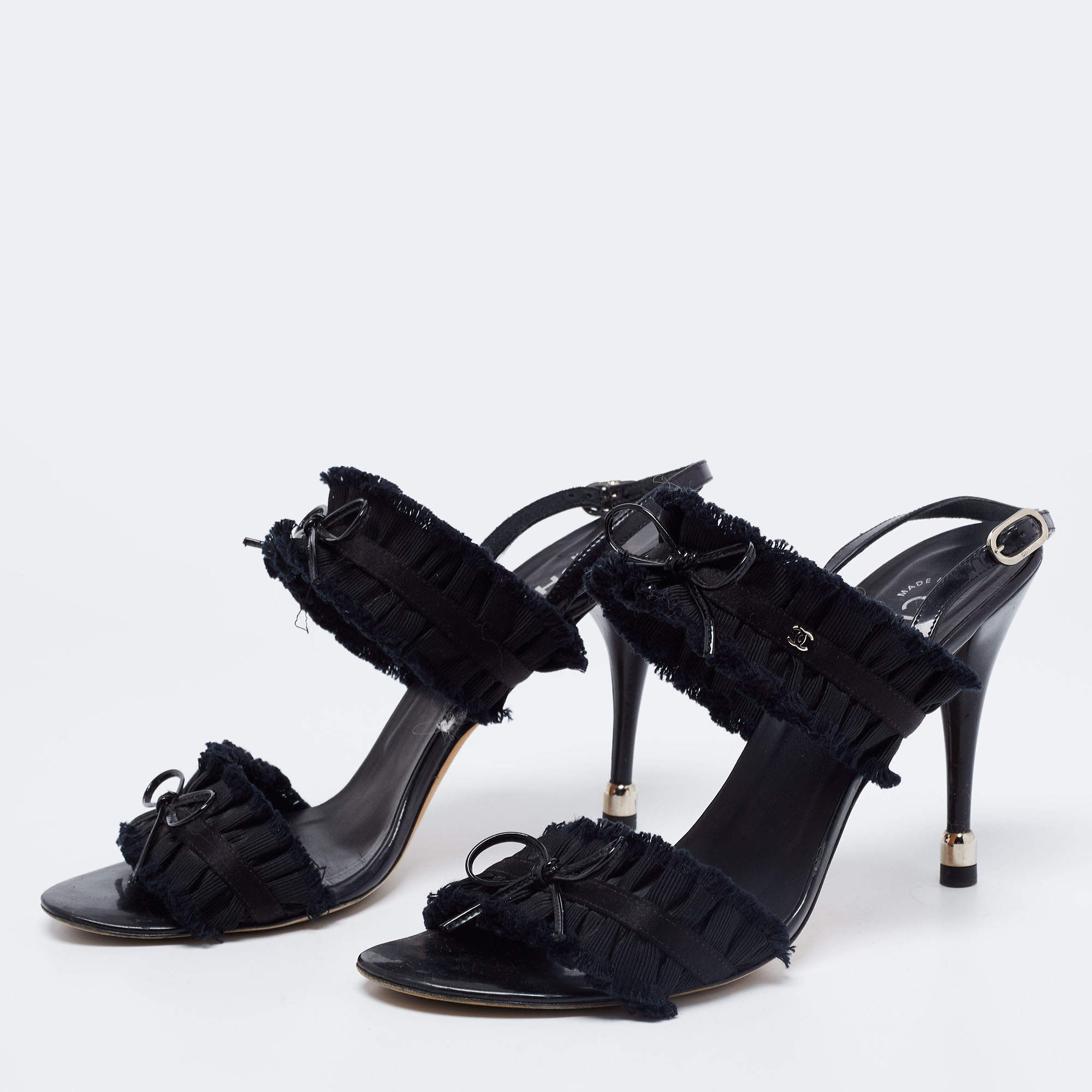 Chanel Black Satin and Fabric Ruffle Trim Bow Ankle Strap Sandals