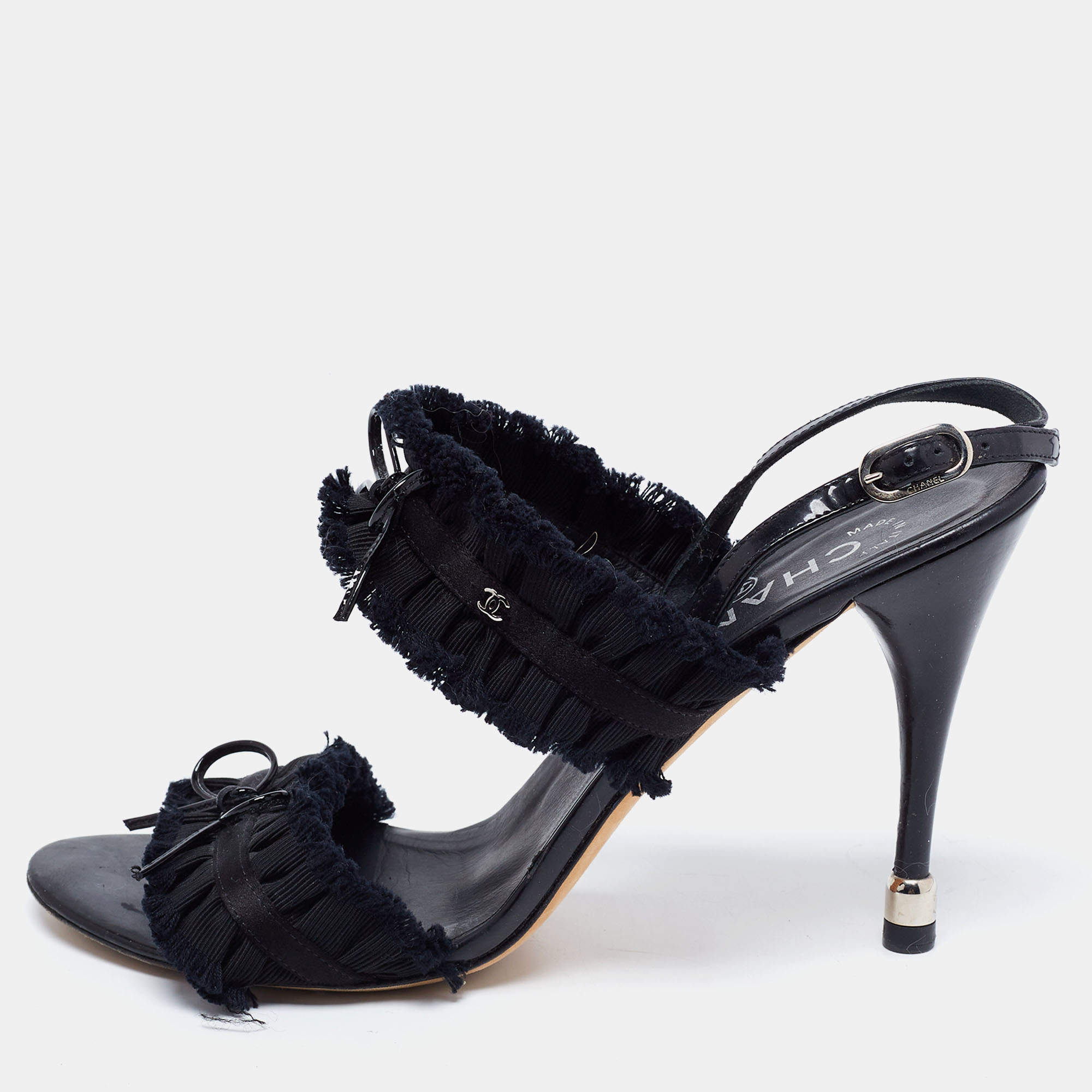 Chanel Black Satin and Fabric Ruffle Trim Bow Ankle Strap Sandals Size 38.5