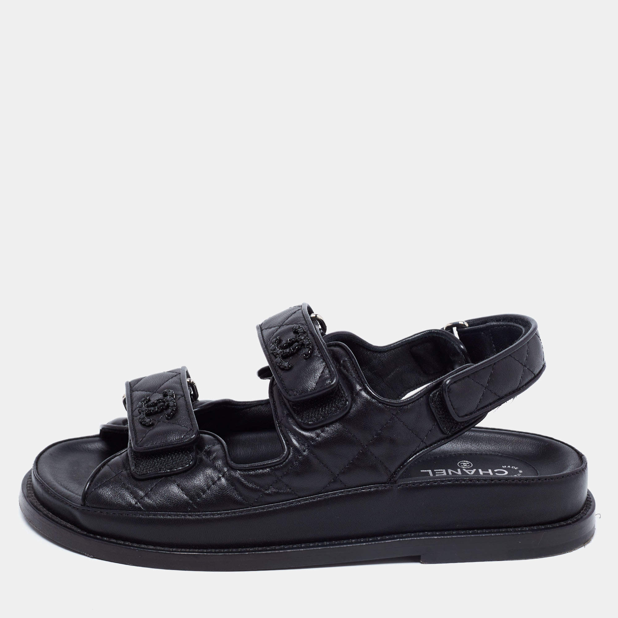 Chanel Black Leather Dad Slingback Sandals Size 37