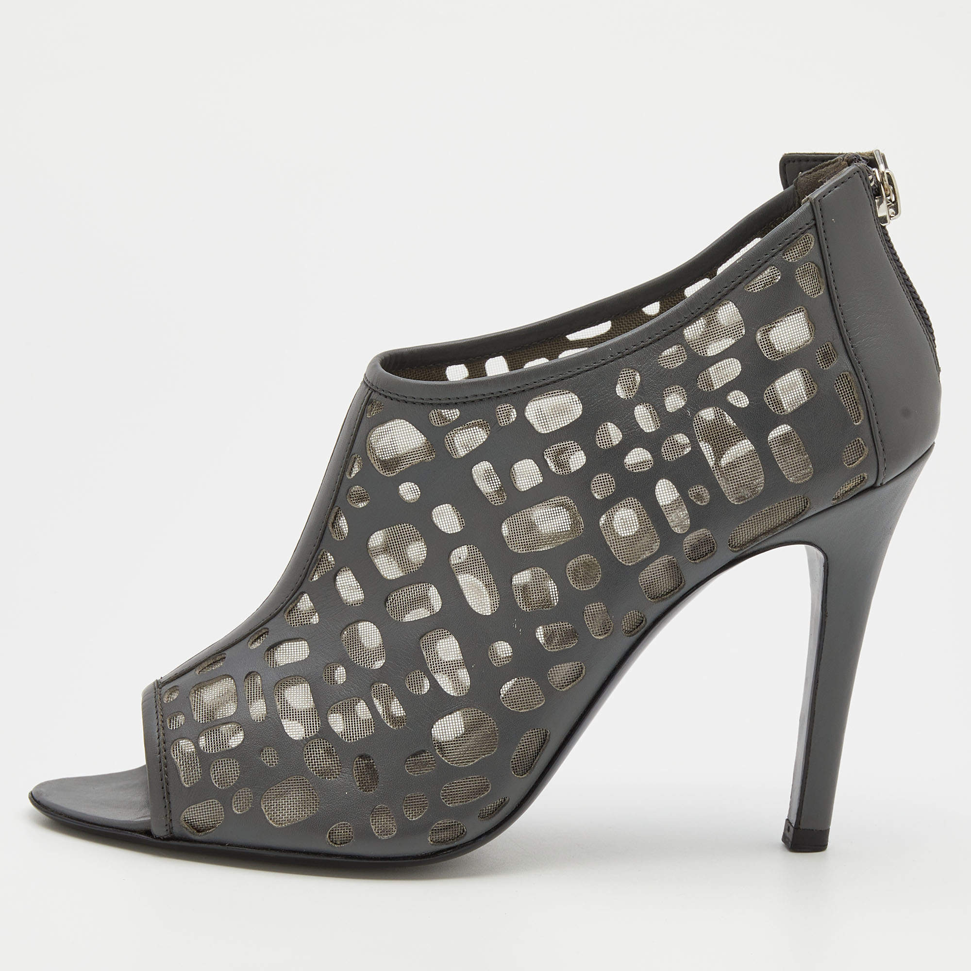 Chanel Grey Laser Cut Leather and Mesh Booties Size 39.5