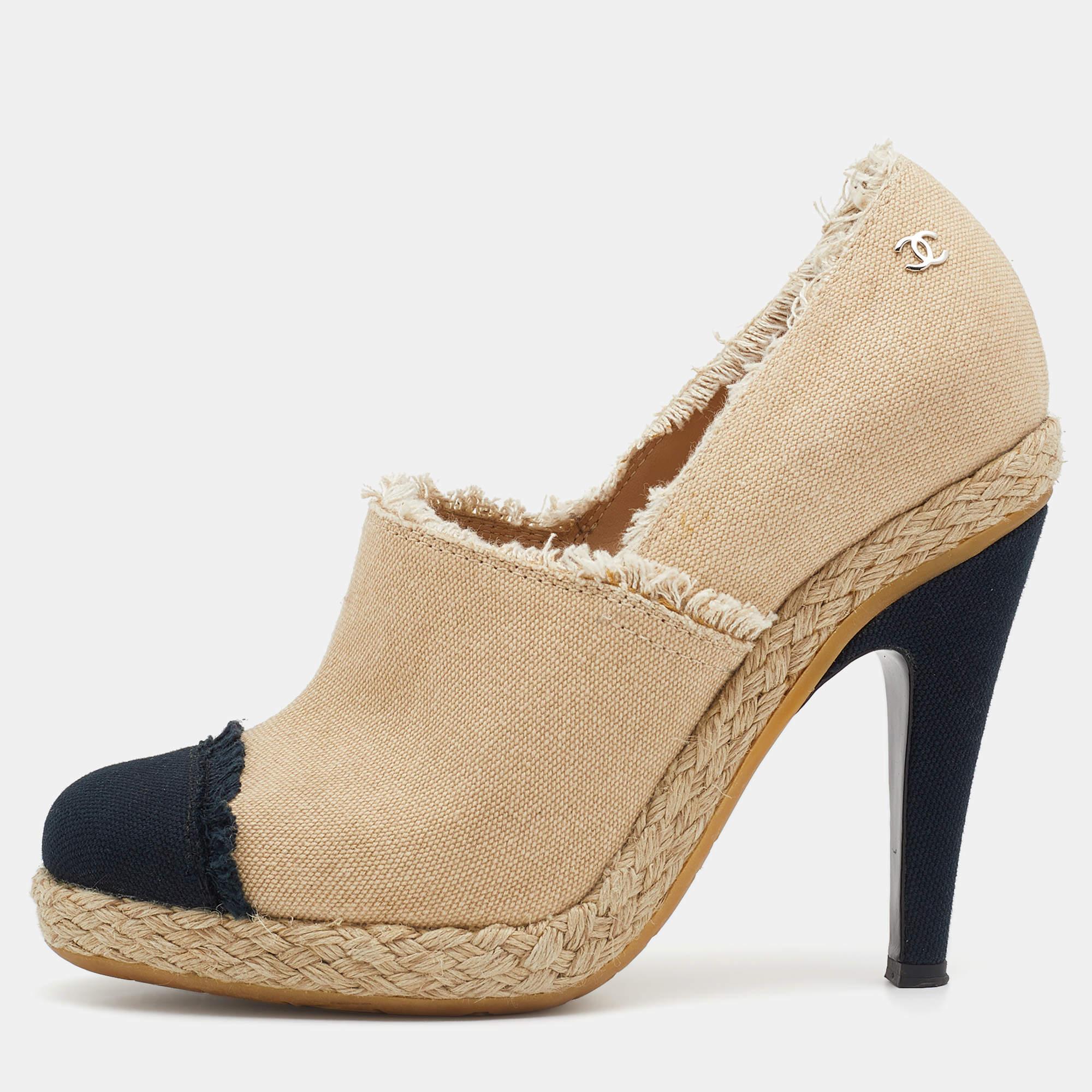 Chanel Beige/Black Canvas CC Cap Toe Espadrille Booties Size 37