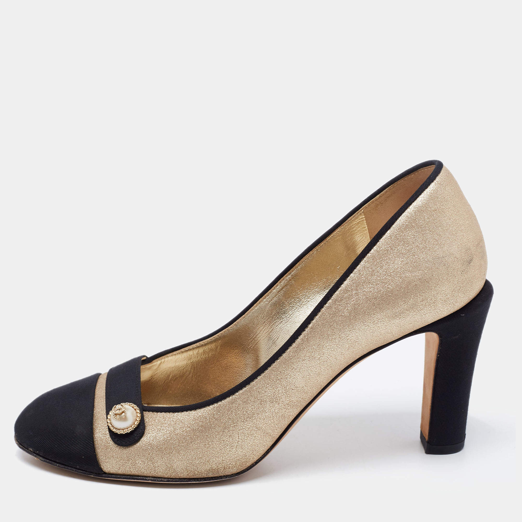 Chanel Gold/Black Glitter Suede and Fabric CC Pearl Cap Toe Pumps Size 35.5