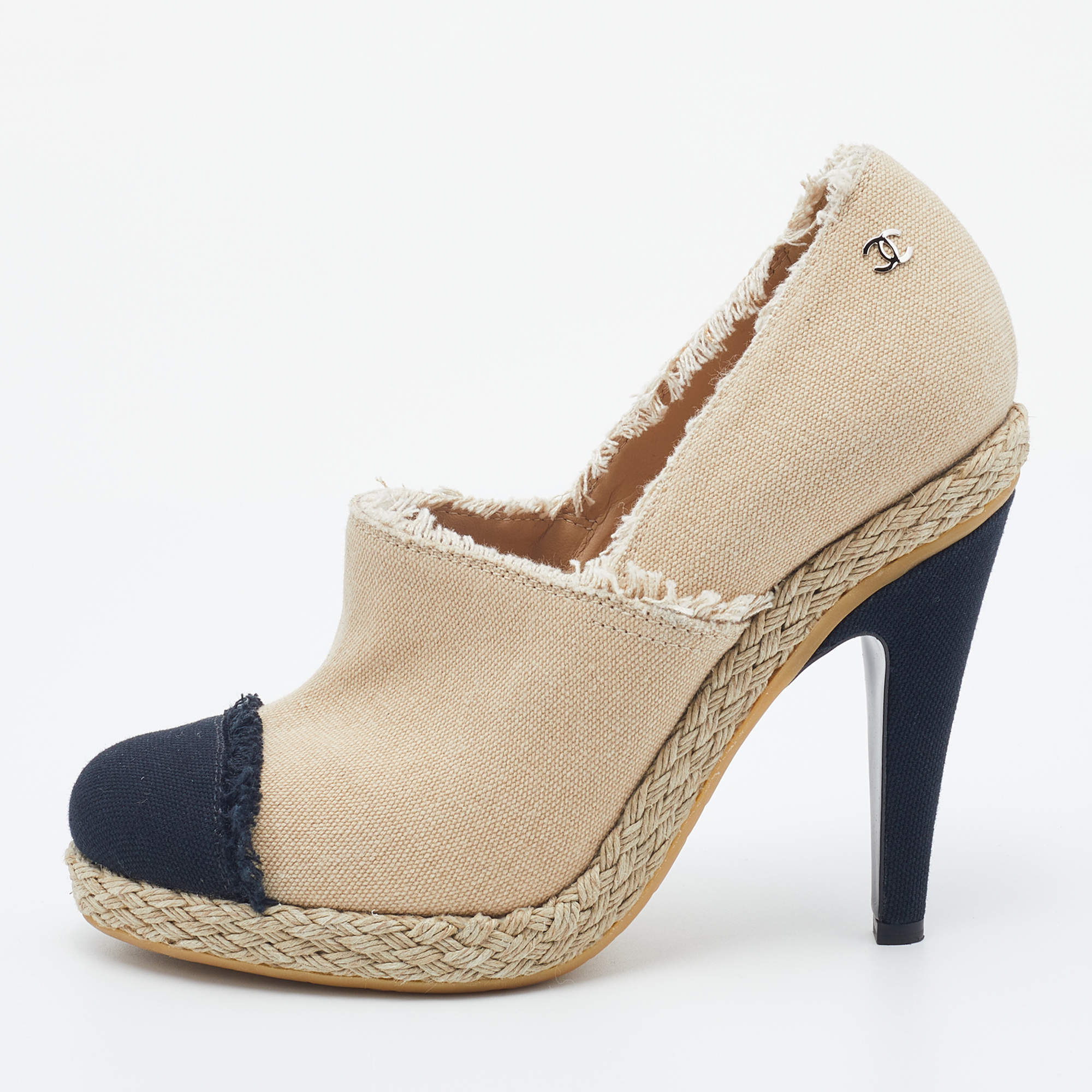 Chanel Beige/Black Canvas CC Cap Toe Espadrille Booties Size 38